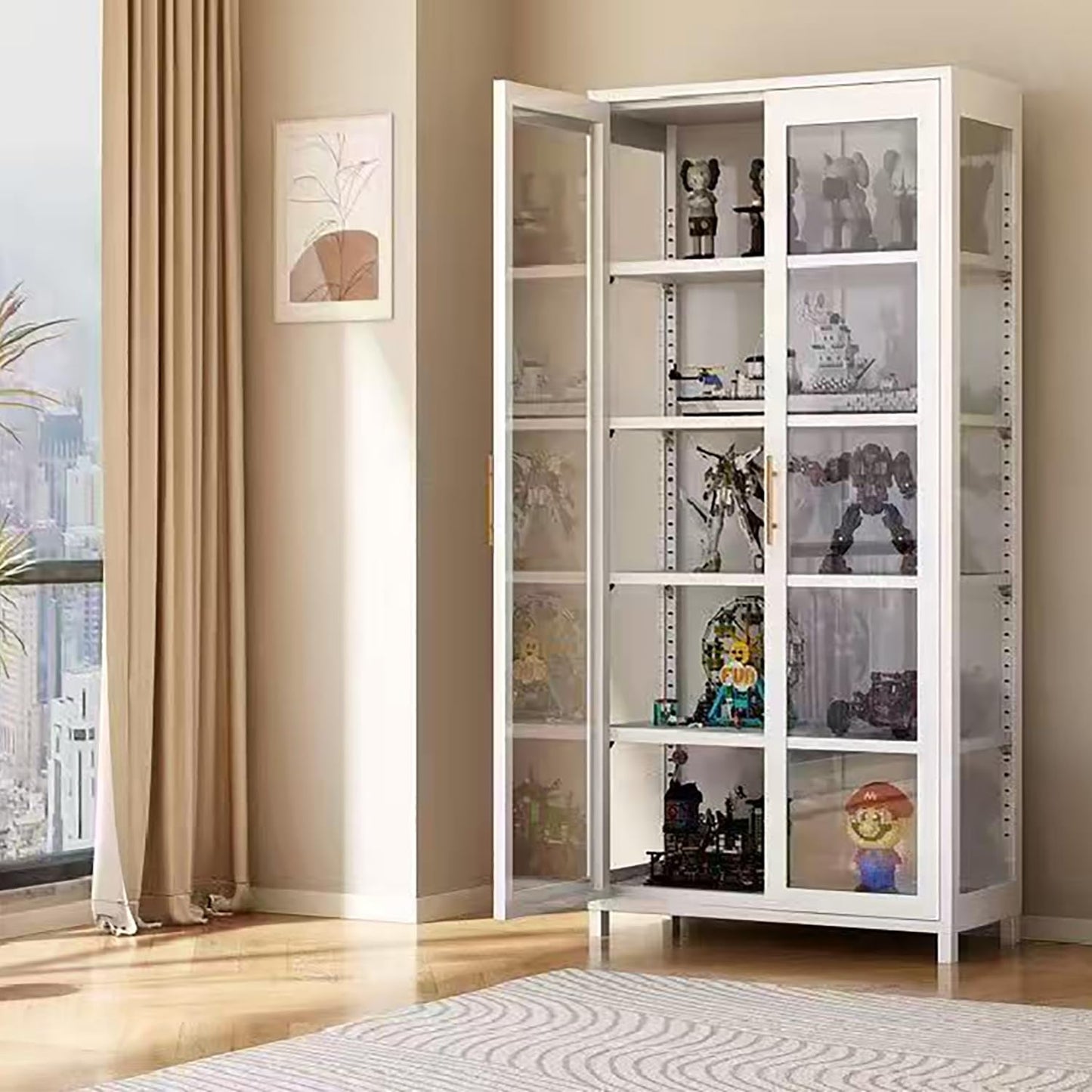 qeknxks Display Cabinet with Glass Doors, 5-Tier Metal Curio Cabinet, Glass Display Cases for Figurine, Toy Organizers Rack & Display Shelf, Kids Bookcase for Home Office, Playroom, Living Room