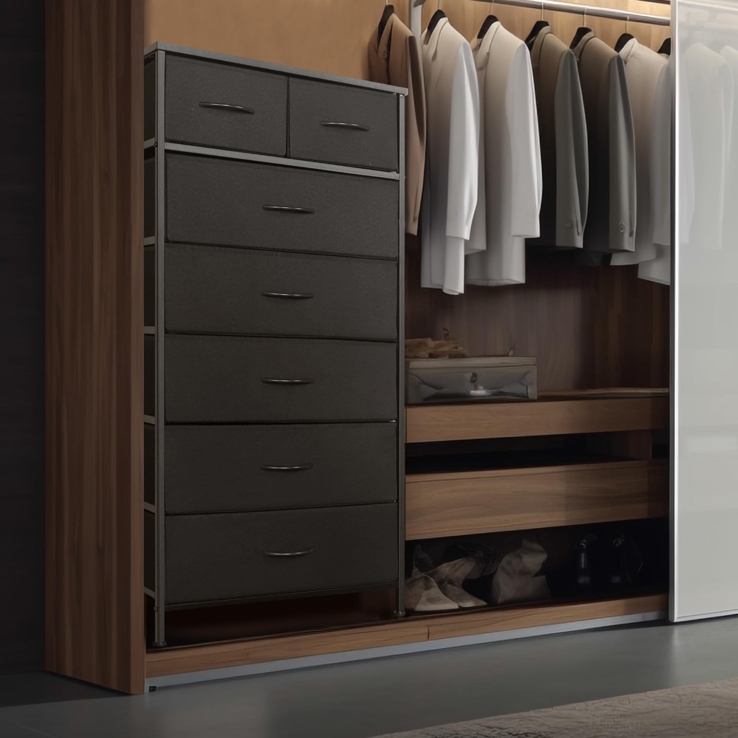 Mifuro Tall Dresser for Bedroom, Vertical Storage Organizer Tower with 7 Drawers, Chest of Drawers with Fabric Bins, Steel Frame, Wood Top for Bedroom, Closet, Entryway- Black
