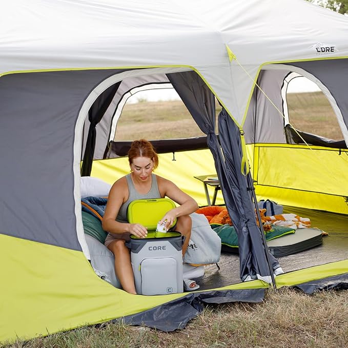 CORE Instant Cabin Tents | 6 Person / 9 Person / 10 Person / 12 Person Family Cabin Multi Room Pop Up Tents Car Camping | Included Storage Pockets for Camping Accessories