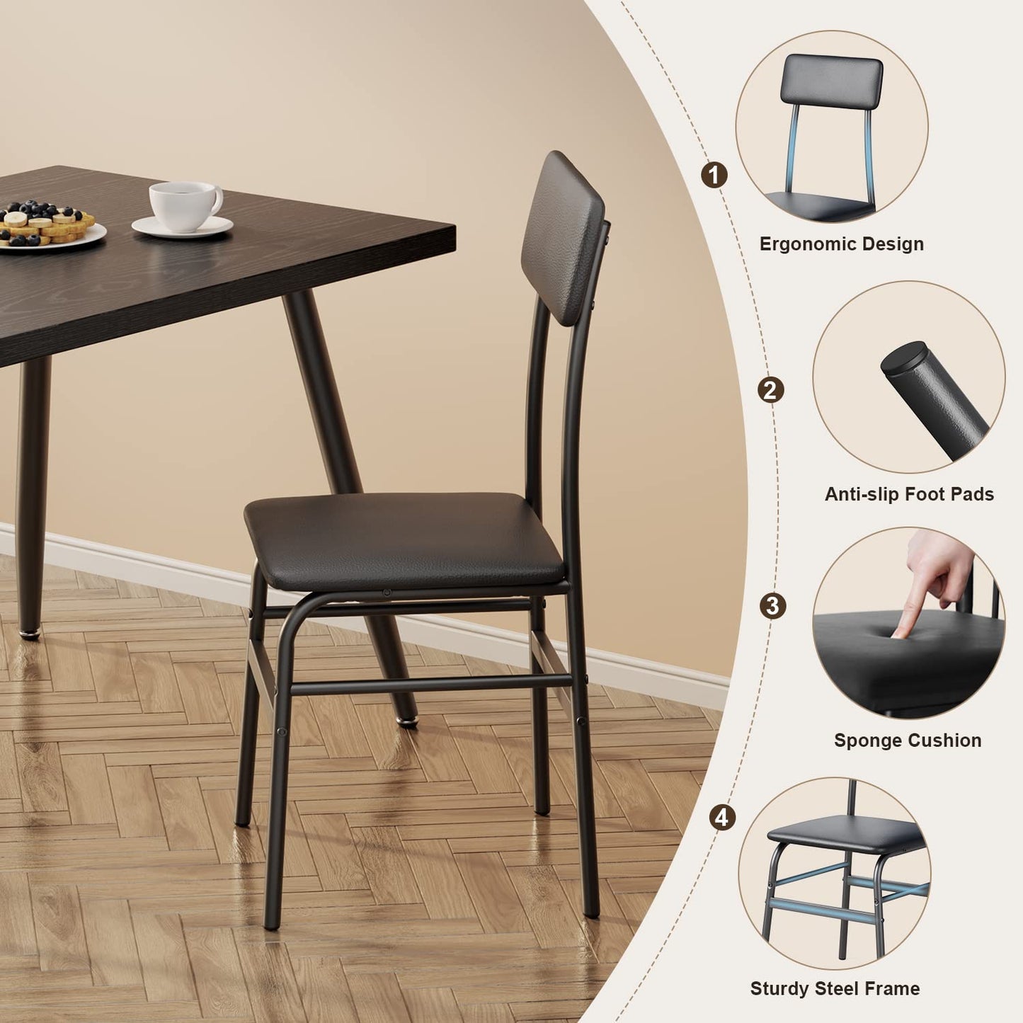 Gizoon 5 Piece Dining Table Set for 4, Modern Metal & Wood Kitchen Dinner Table with 4 Chairs, Space-Saving Dining Room Furniture Table & Chair Sets for Small Spaces & Apartment, Black