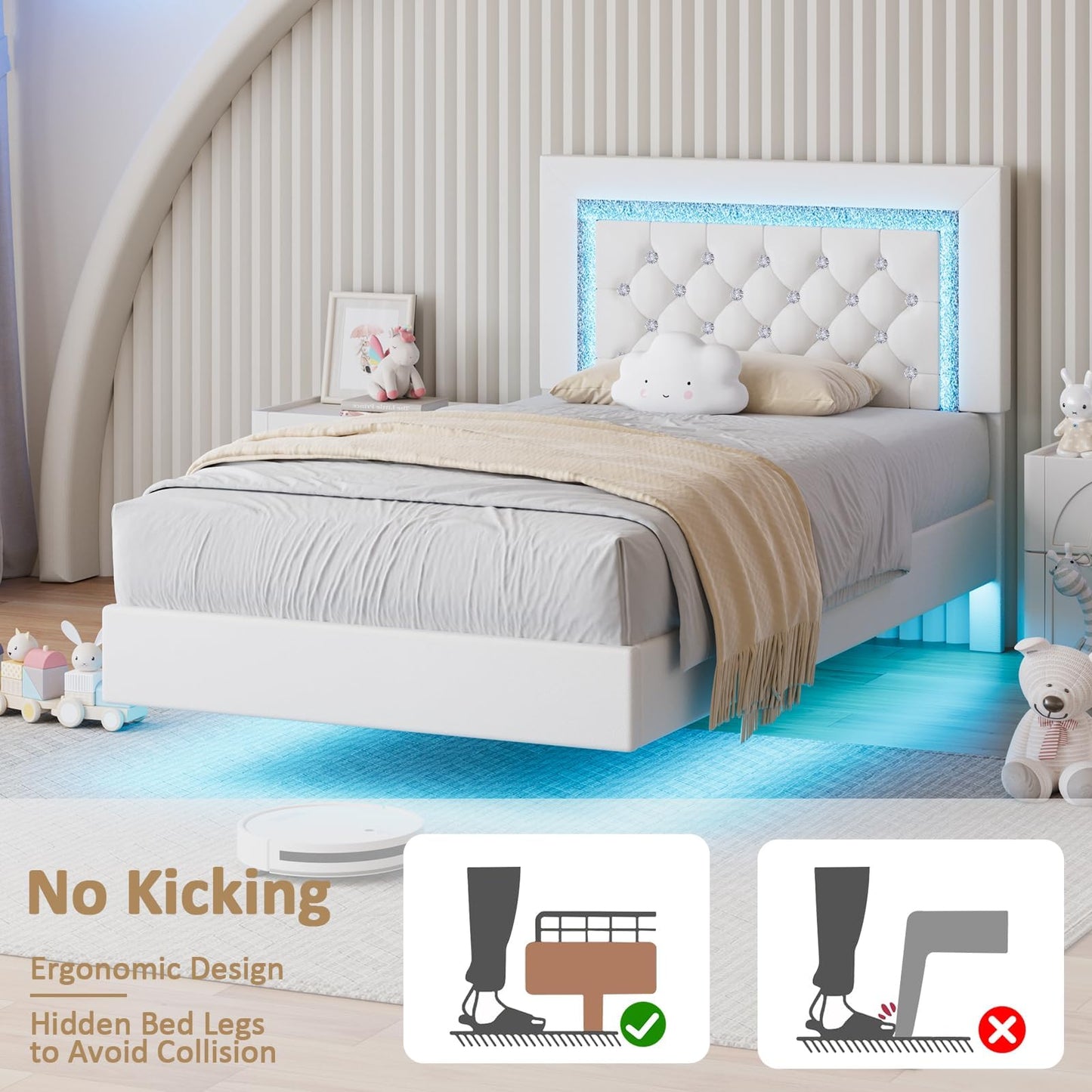 Floating Bed Frame Twin with LED Lights, Upholstered Platform Bed with Diamond Tufted Headboard, No Box Spring Needed, Noise Free, Easy Assembly, White