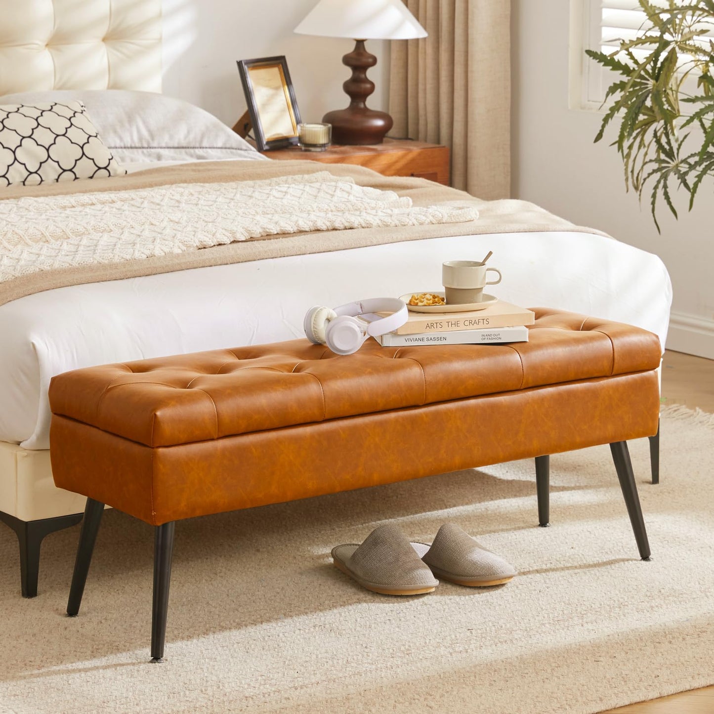 CUYOCA Storage Ottoman Bench, 40" Faux Leather Tufted Entryway Bench, Long Ottoman with Storage for Living Room, Support 660lbs - Cognac Brown