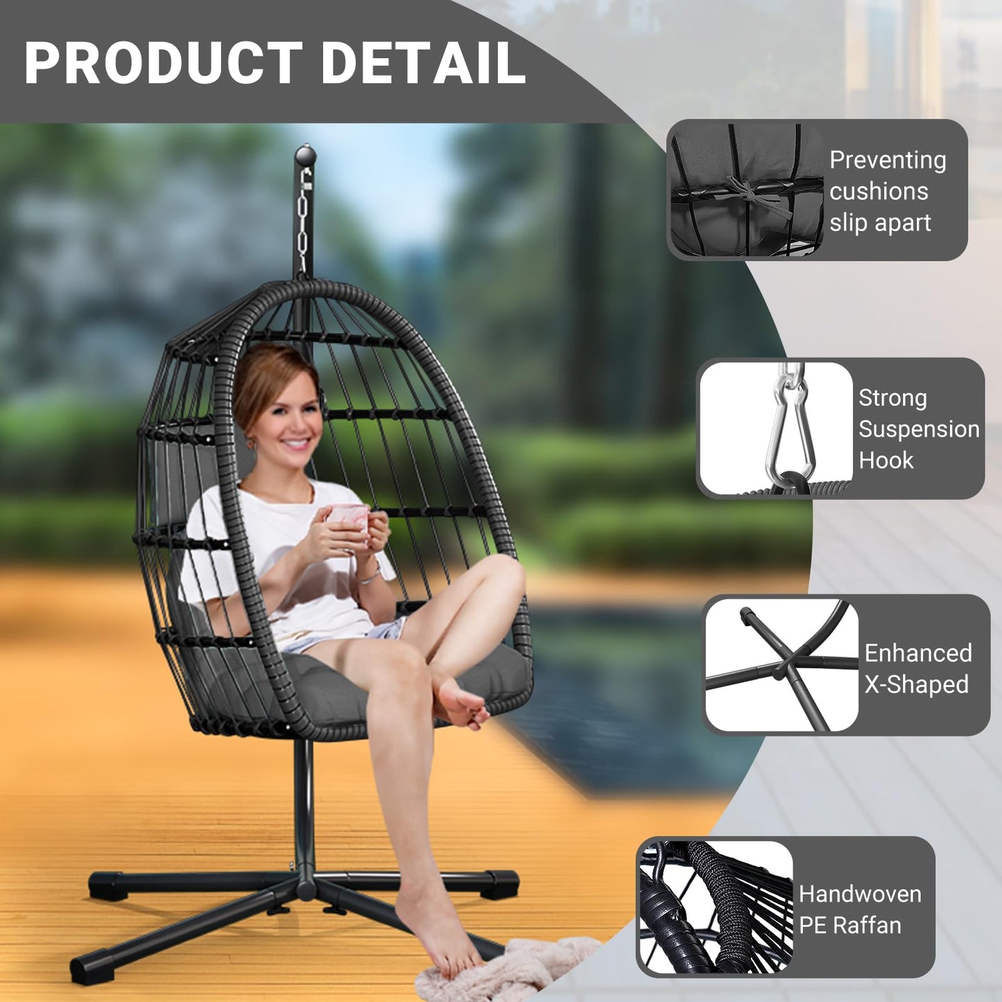CHABATREE Egg Chair with Stand,Patio Rattan Wicker Hanging Swing Egg Chair Hammock Chair for Bedroom Porch Garden,Thickened Aluminum Alloy Steel Frame and UV Resistant Cushion,350LBS Capacity