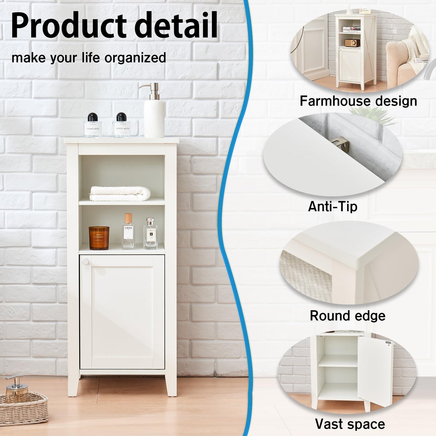 IGERJWE 35.4'' Tall Bathroom Floor Cabinet with Four Shelves, Bathroom Organizer with Adjustable Shelf, Storage Cabinet for Living Room, White