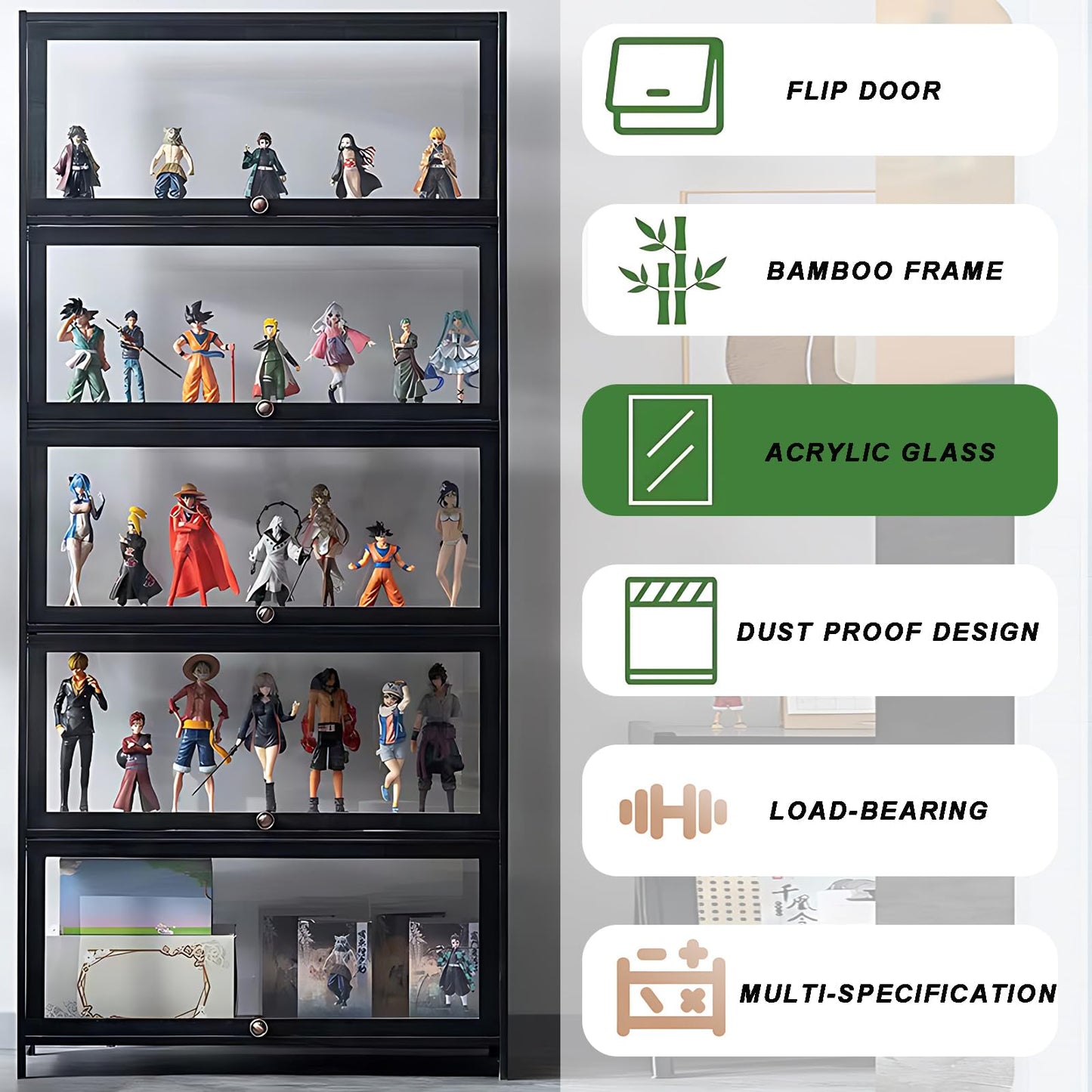 Curio Display Cabinet, 5-Tier Display Case with Acrylic Glass Doors, 67" Tall Transparent Bamboo Curio Display Shelf for Collectibles, Storage Cabinet for Playroom, Bedroom, Office, Living Room, Black
