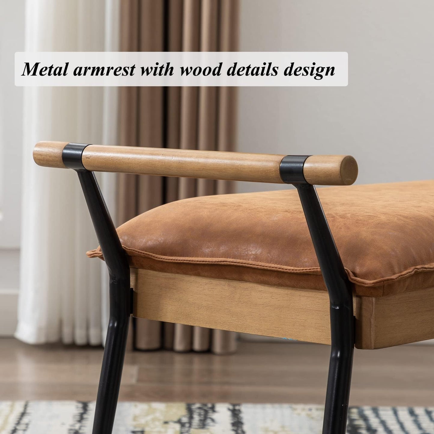 DUOMAY Modern Rectangle Ottoman Bench with Arms and Metal Legs, Mid Century PU Dining Table Bench Footstool Entryway Shoe Bench for Dining Room Bedroom Living Room, Brown