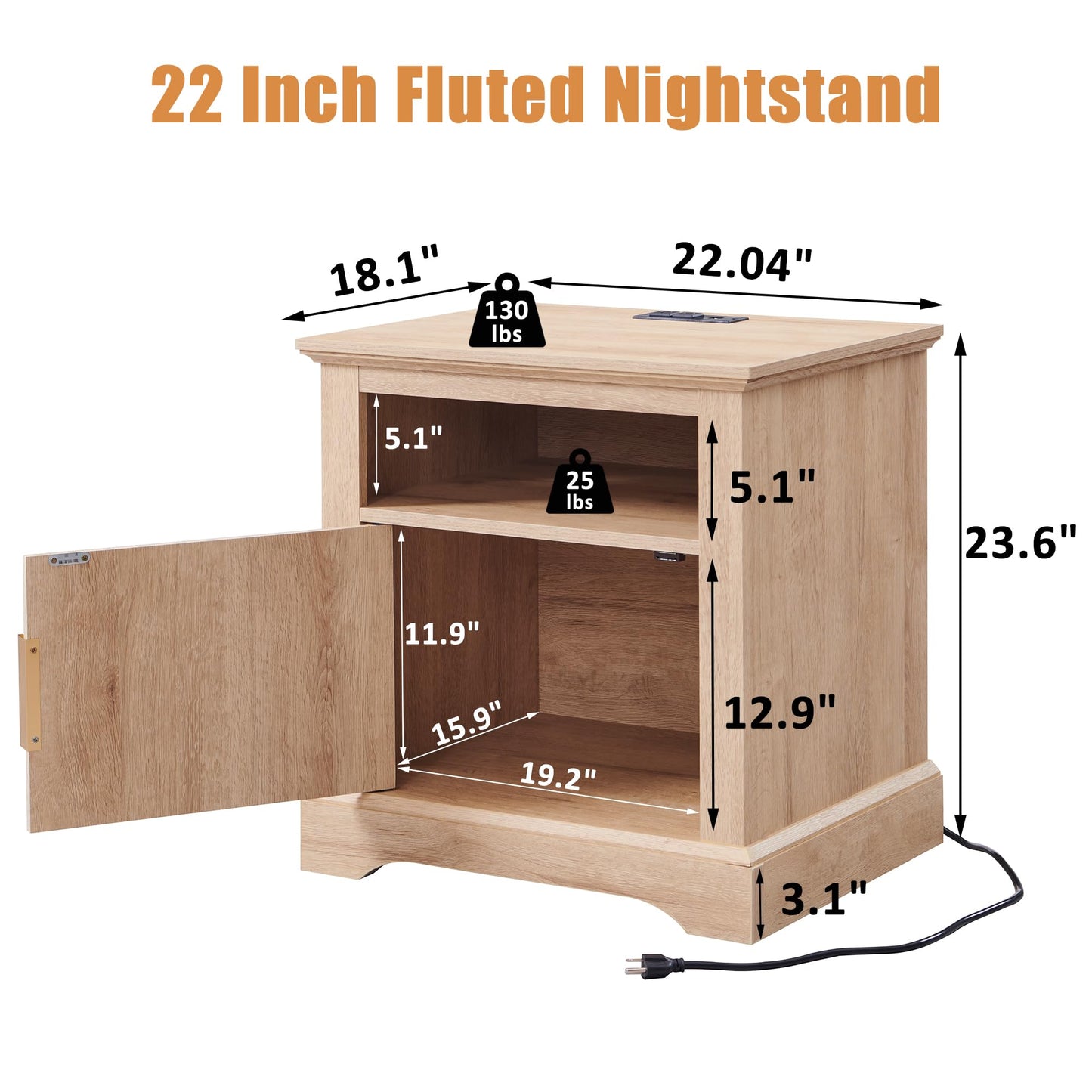 Aitjunz Fluted Nightstand Set of 2, 22" Large Modern Side Table with Charging Station, Wood End Table w/Open Shelf, Bedside Table with Storage Space for Bedroom, Living Room (Natural)