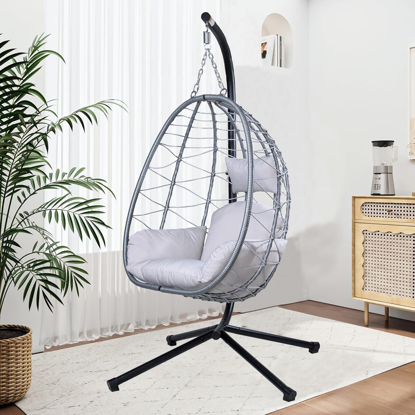 Egg Chair with Stand, Patio Wicker Hanging Swing Egg Chair Thickened, Galvanized Pipe Steel Frame and UV Resistant Cushion for Bedroom Garden Indoor Outdoor, 350LBS Capacity (Silver Gray)