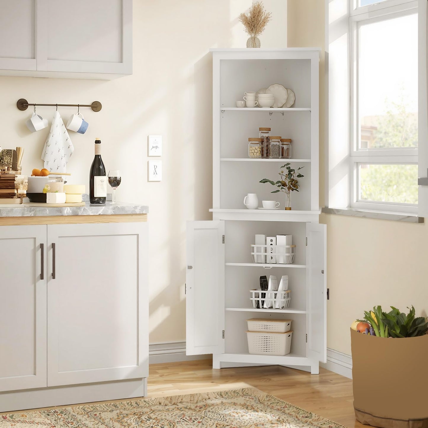 Amenitlif Corner Storage Cabinet with Adjustable Shelves - 63.78" Tall Freestanding Bathroom & Kitchen Organizer, Space-Saving Cabinet for Pantry, Laundry Room - Rustic White Finish, Easy Assembly