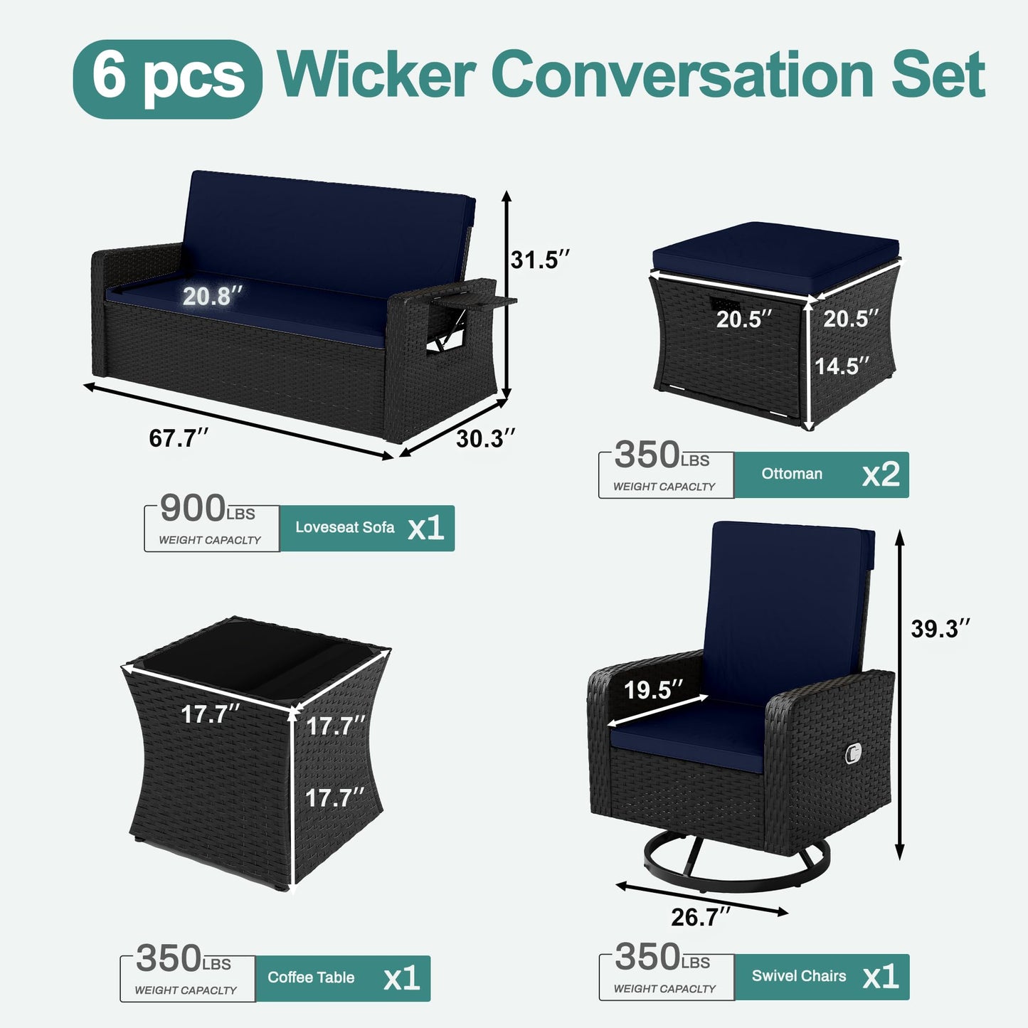 QUYZE 6 Piece Patio Furniture Set, Wicker Patio Conversation Sets with Swivel & Recline Chairs, Outdoor Sectional Sofa Sets with 2 Storage Ottoman, Outdoor Patio Recline Set for Backyard