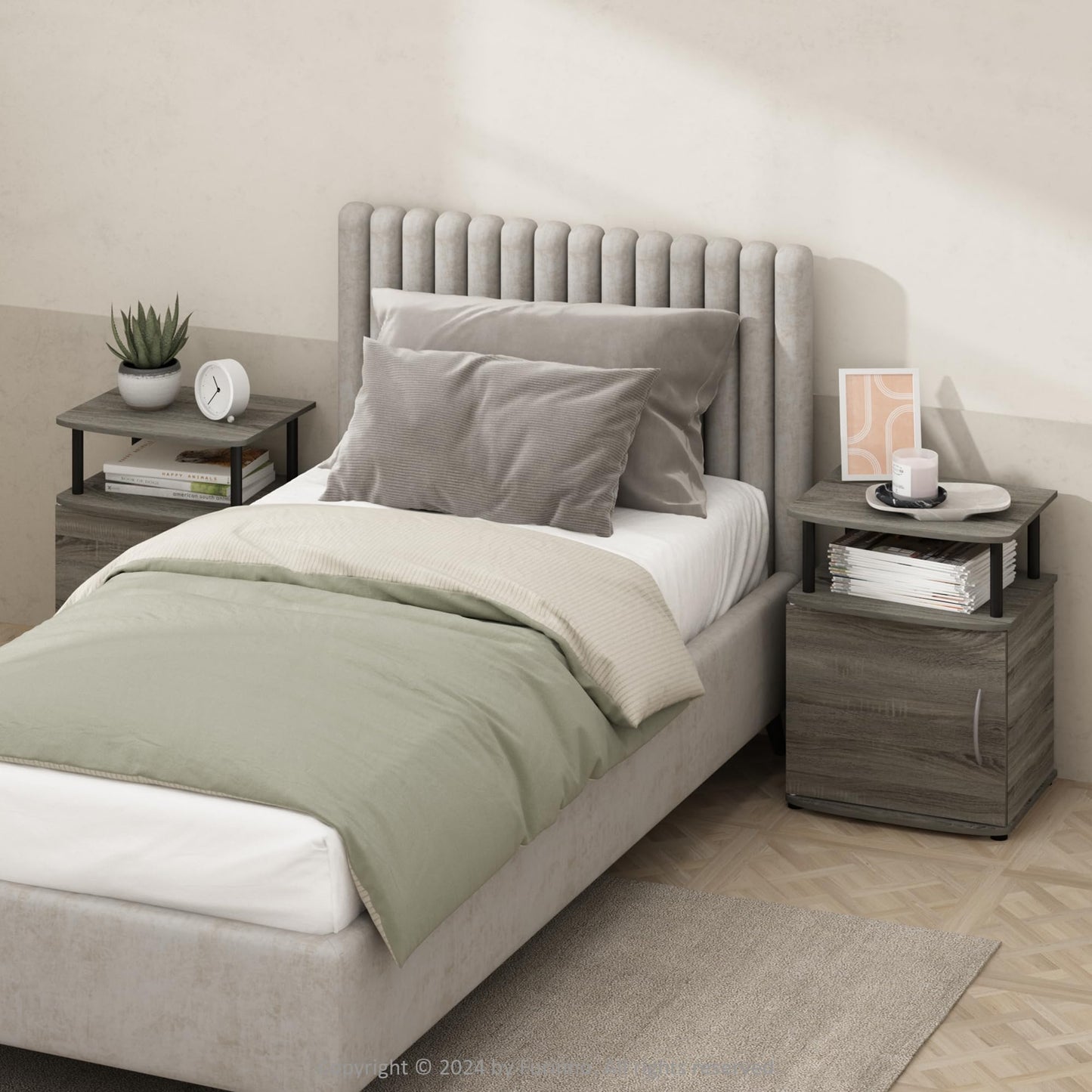 Furinno Tidur Utility Design Nightstand, Bedside Table, Black, Set of 2