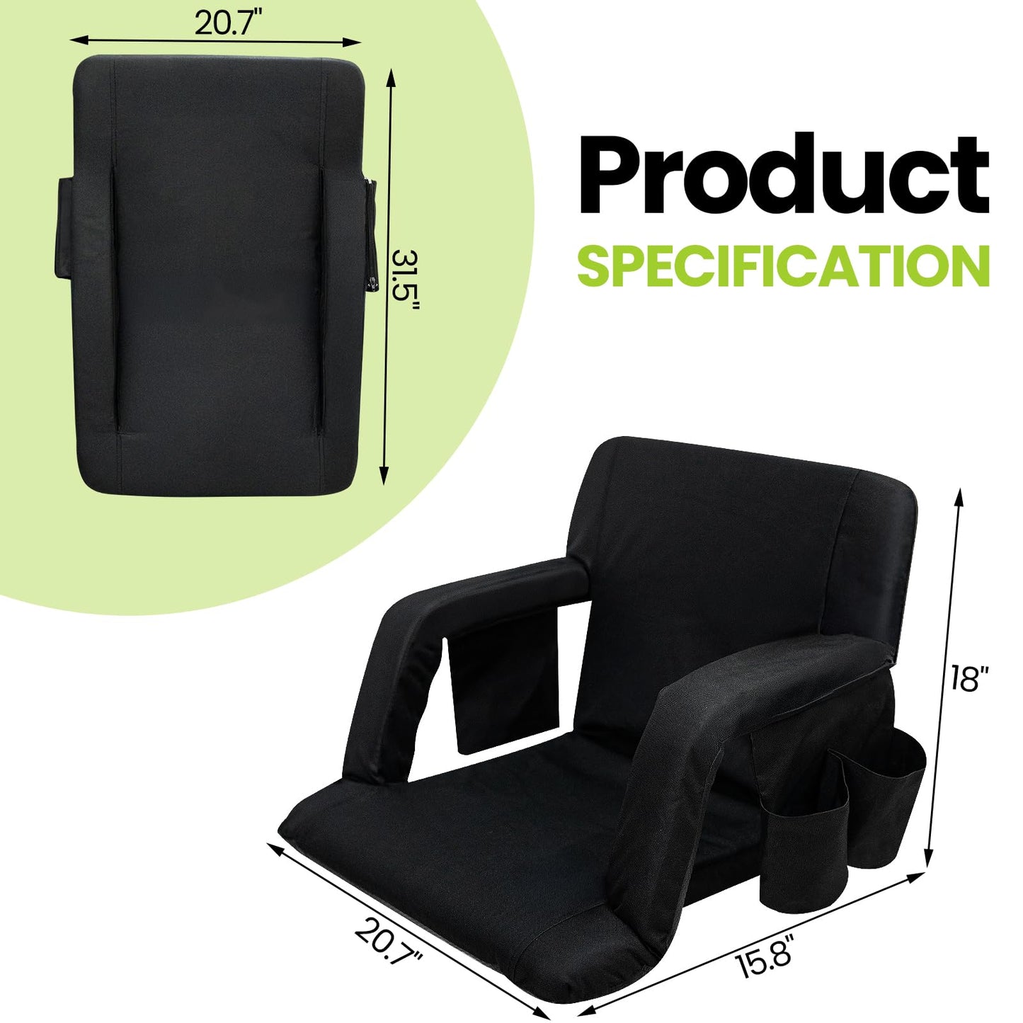 Stadium Seats with Back Support, Wide Bleacher Chairs with Back and Cushion, Armrests, 4 Pockets, Portable Reclining Bleacher Seats for Sport Events, Beaches, Camping, Concerts