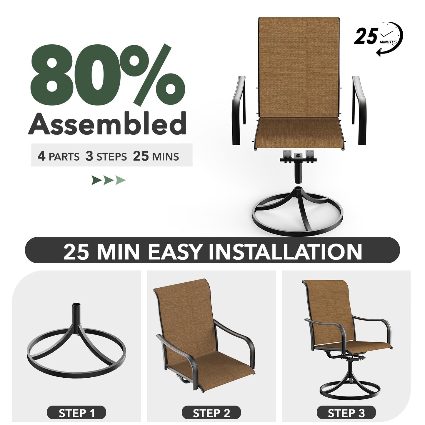 Anmutig Patio Swivel Dining Chairs Set of 2, Outdoor Swivel Chairs High Back with All Weather Textilene Metal Rocking Frame for Lawn Garden Backyard