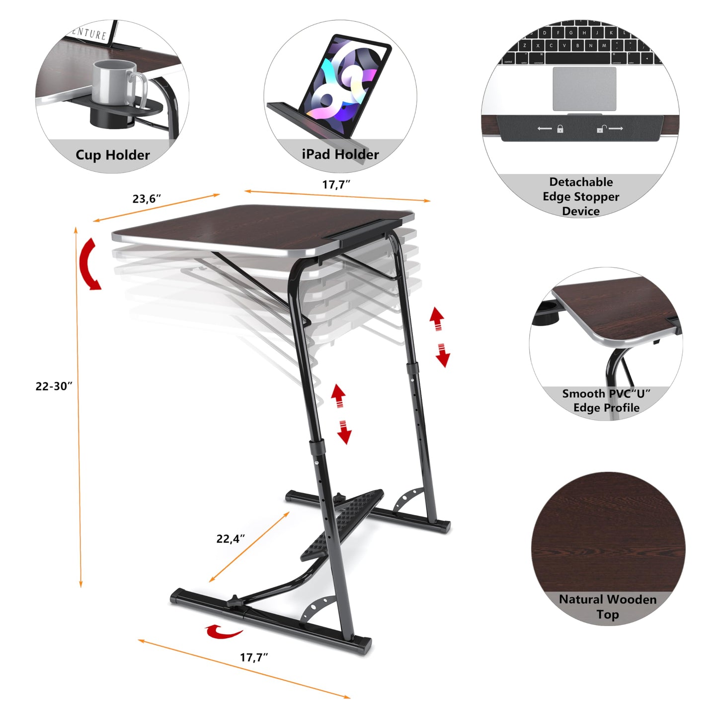 FoldWise Upgraded Folding TV Tray Table - Extra Large & Sturdy Laptop Table for Couch, Height & Angle Adjustable Desk for Dinner, Work & TV - Includes Footrest, Cup Holder, iPad Holder & Edge Stopper