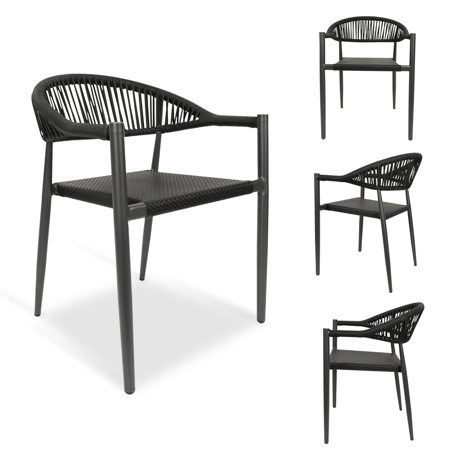 Erotr 4 Pcs Stackable Patio Dining Chairs, Aluminum Rattan Outdoor Dining Chair with Arms, Woven Rope Garden Armchair Metal No Assembly for Bistro Balcony Porch Deck Yard Cafe Restaurant, Black