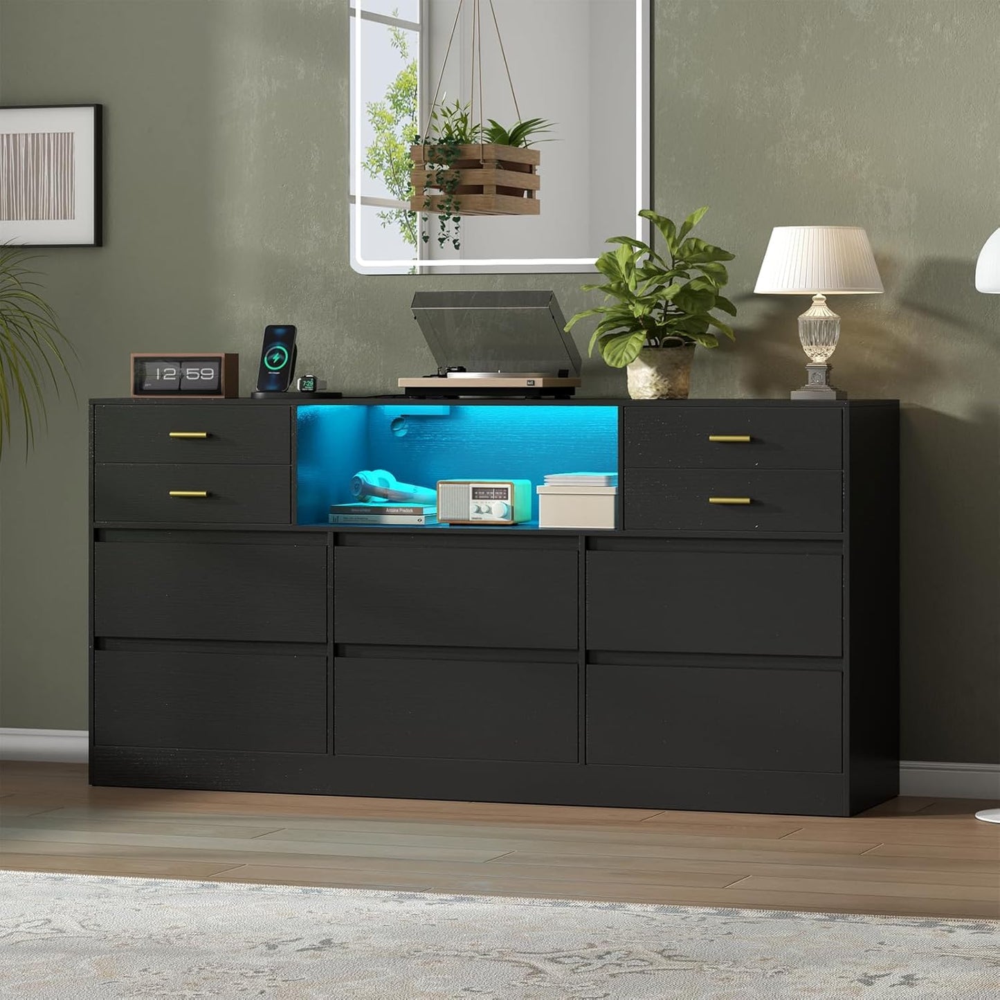 Loomie 10 Drawer Black Dresser with Charging Station & Led Lights for Bedroom, Long 58" Triple Wide Dresser TV Stand for TVs up to 65", Wide Chest of Drawer, Large Dressers Organizer with Open Cubby