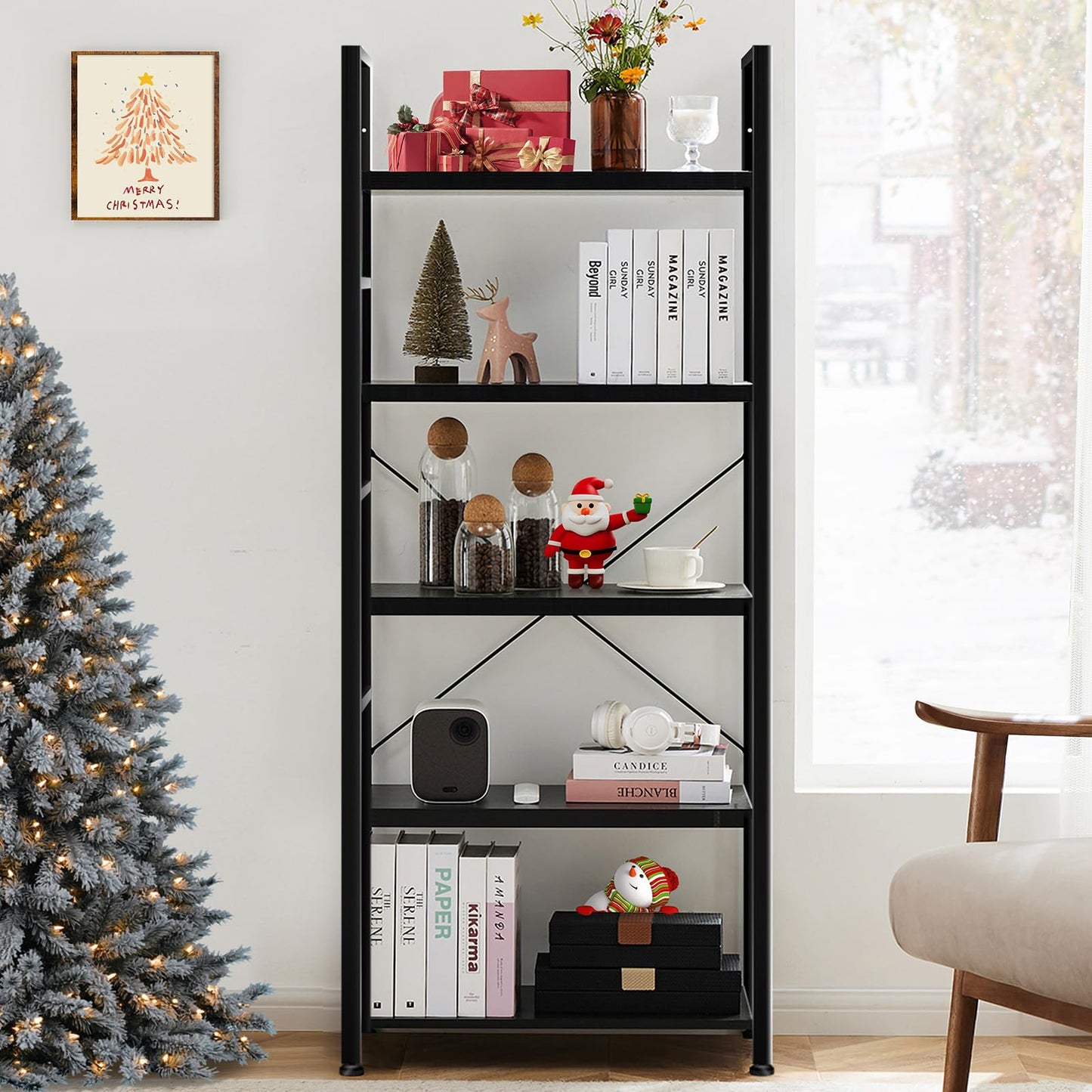 Whitmor 5 Tier Modern Industrial Corner Bookcase - Tall Bookshelf Storage Organizer for Books, CDs, Movies, Garage Supplies - Fits Bedroom, Home Office, Kitchen, Living Room - Black