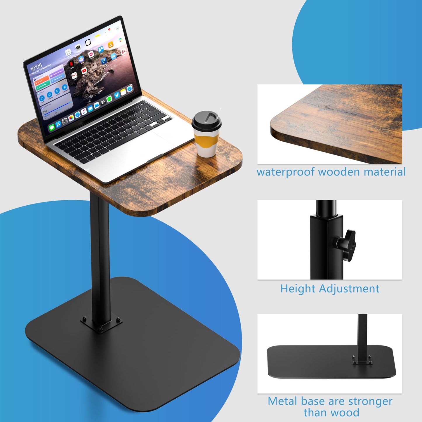 Side Table Sofa Tray for Couch Heavy Metal Base Swivel/Adjustable Height, Sofa Bed Bathroom Study TV Tray C Shaped End Table Food Snack Trays for Eating