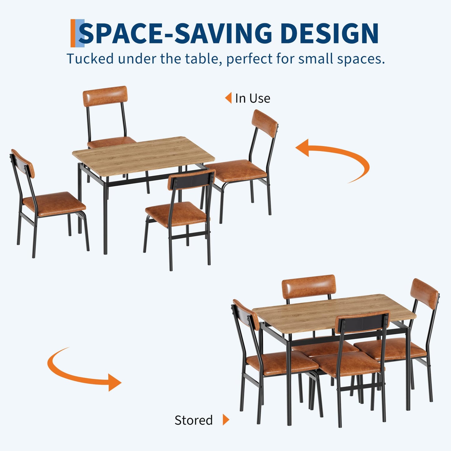 Garvee Dining Table Set for 4, 5 Piece Wooden Dining Room Table Set, 4 PU Upholstered Chair, Modern Metal Frame Dinette Set for Dining Room, Home Dinner, Party, Apartment, Brown
