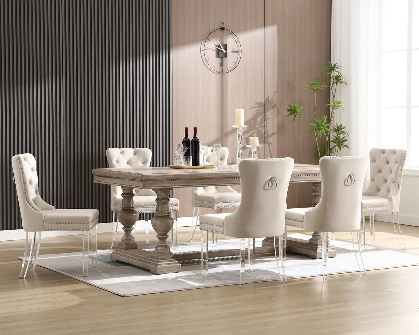 KCC Velvet Dining Chairs Set of 4, Upholstered Tufted Wingback Dining Room Chair with Nailhead Back Ring Pull Trim Solid Acrylic Legs, Contemporary Nikki Collection Style for Kitchen, Beige