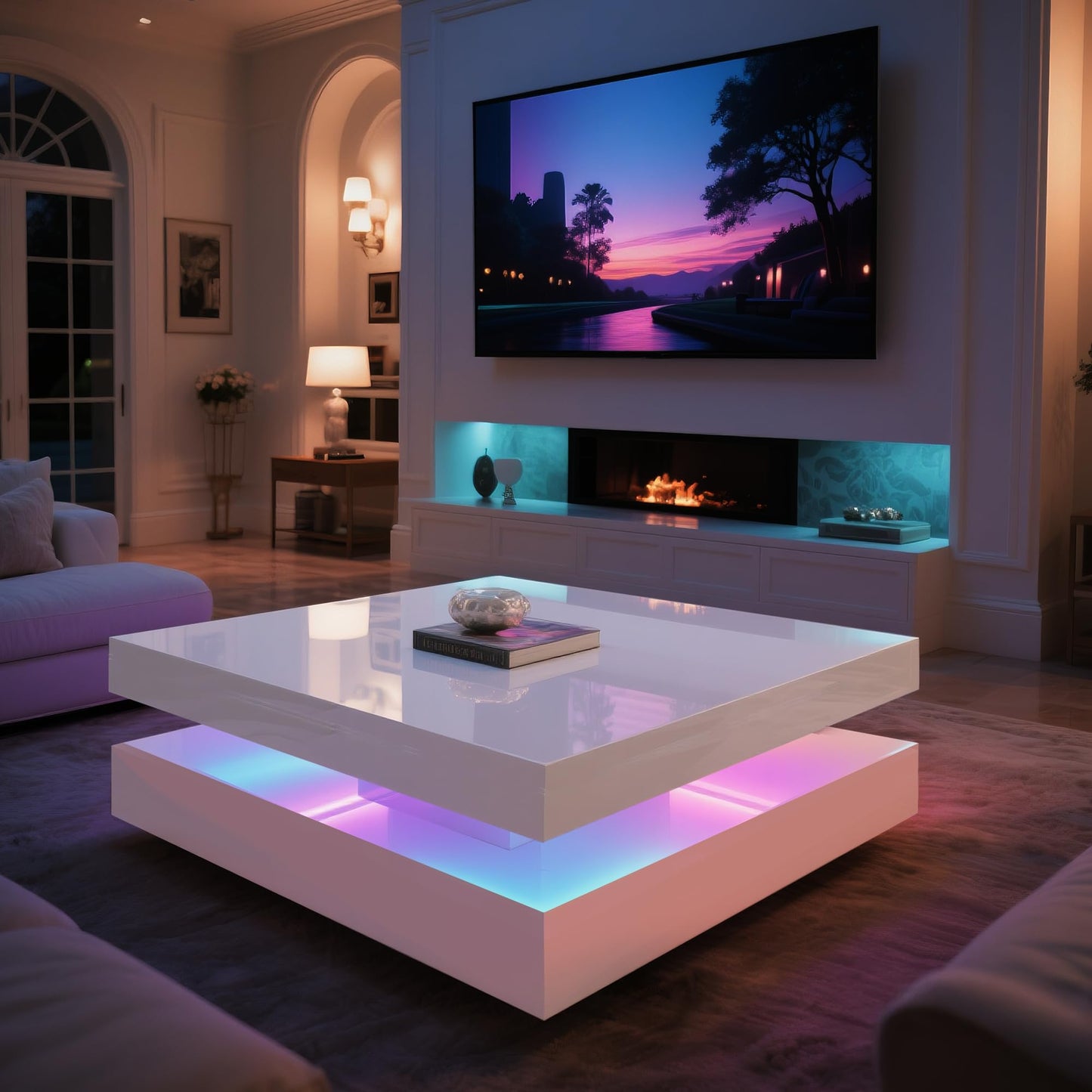 LED Coffee Table for Living Room, 2-Tier Modern Square Center Table with Music Sync Lights, High Gloss Surface, 30.75" x 30.75" (White)