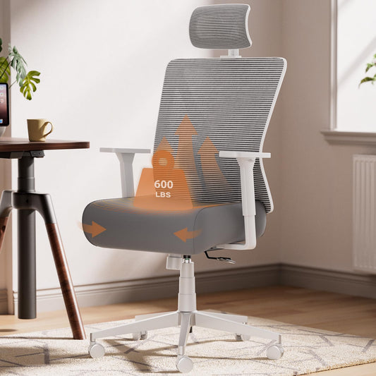 Dowinx Big and Tall Office Chair 600lbs,Ergonomic High Back Computer Desk Chair with Wide Thick Seat Cushion,Adjustable Lumbar Support and Backrest,Metal Base,Grey