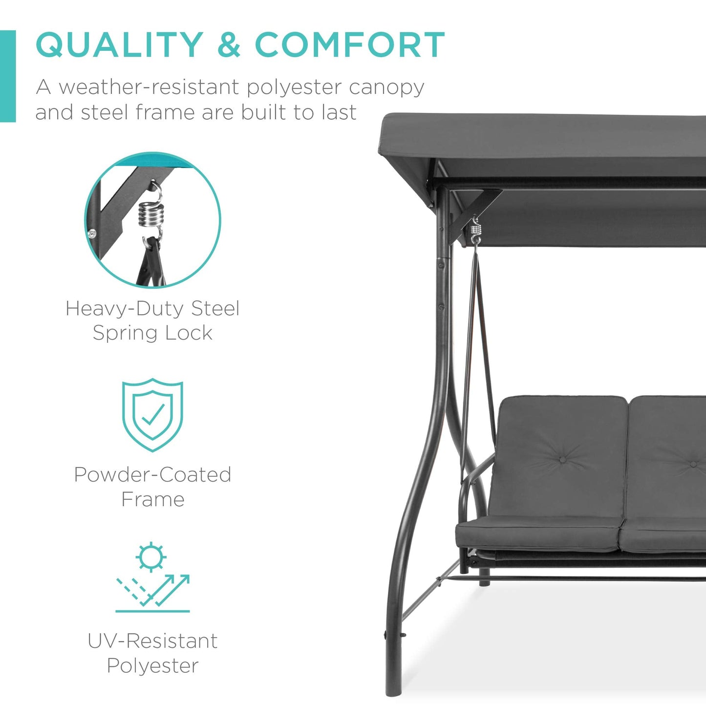 Best Choice Products 3-Seat Outdoor Large Converting Canopy Swing Glider, Patio Hammock Lounge Chair for Porch, Backyard w/Flatbed, Adjustable Shade, Removable Cushions - Gray