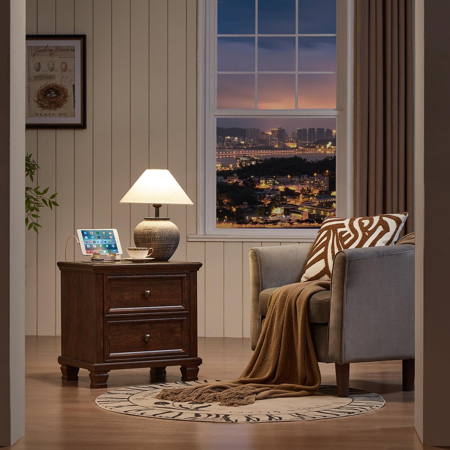 SAVOR LIFE Farmhouse Nightstand with Charging Station, Rustic Low Night Stand with 2 Drawers, Mid-Century Modern End Table with 4 Square Solid Wood Legs, Small Dresser for Bedroom, Home, Walnut
