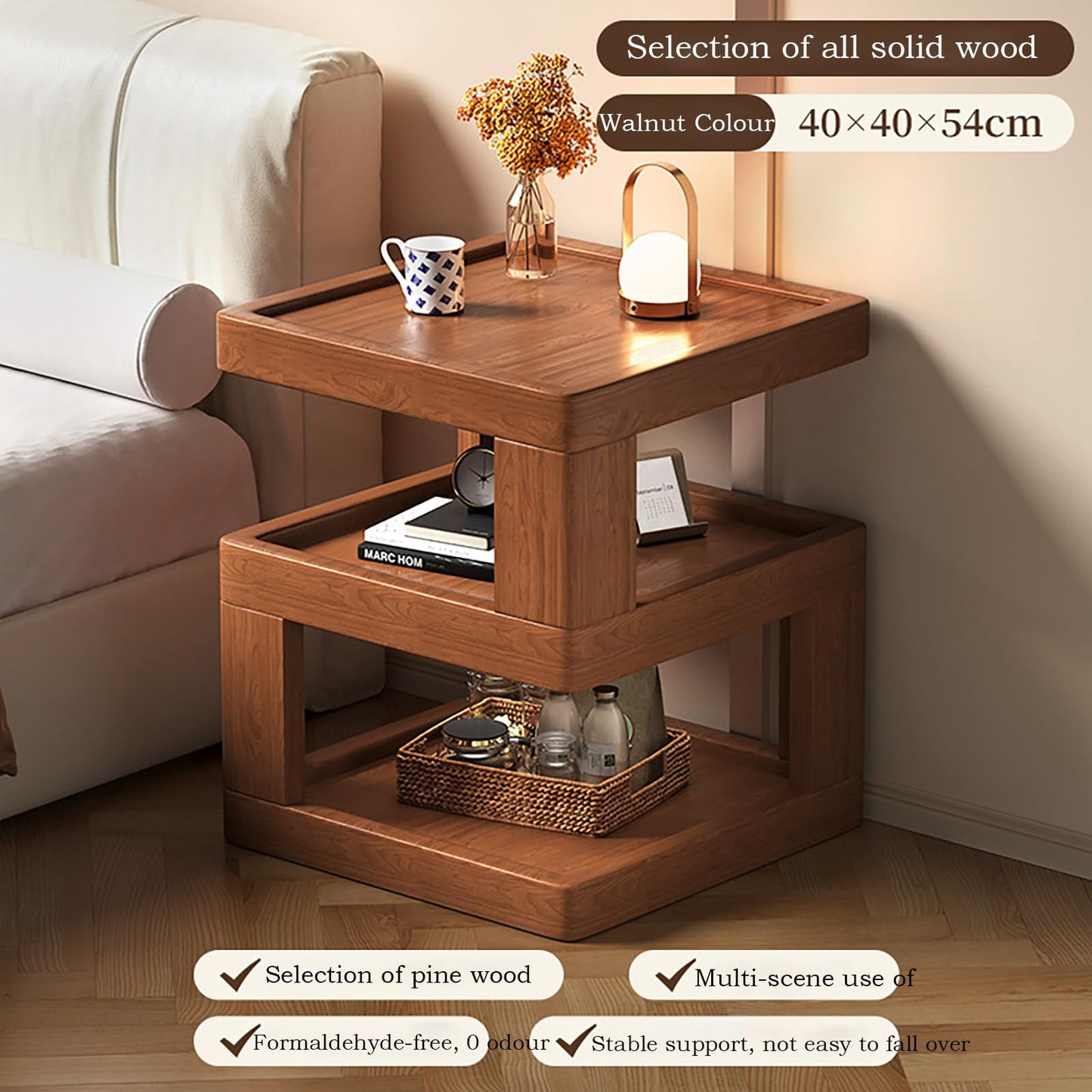 Solid Wood Nightstand,End Tables Bedroom Small Shelf Modern Nightstand Wood Side Table (Walnut Brown-21.3 * 15.8 * 15.8)