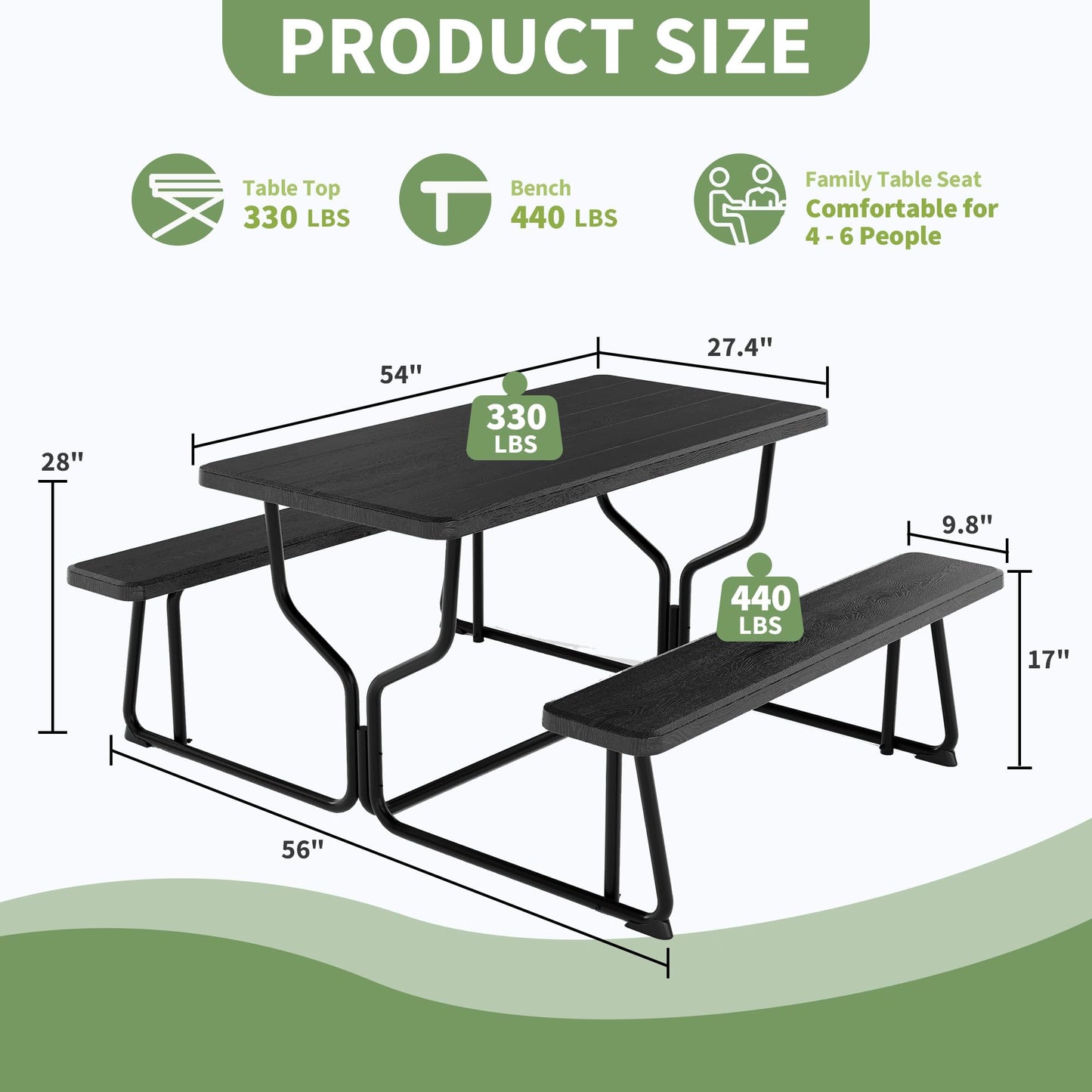 Outdoor Picnic Table with Benches, Portable Heavy Duty Wood-Like All Weather Picnic Table Set, Large Metal Picnic Tables for Outdoors, Backyard, Patio, Lawn, Garden (Black)