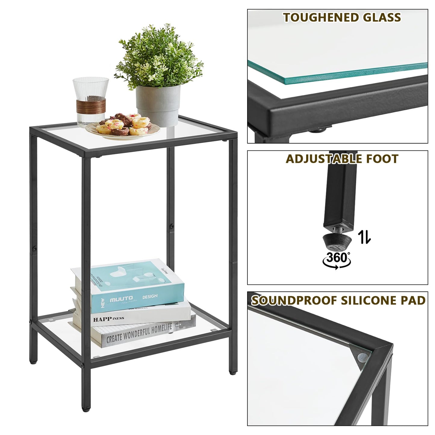 YMYNY Tempered Glass Side Table, 2 Tier End Table with Storage Shelves, Narrow Bedside Table, for Small Space in Living Room, Bedroom,Black, UHGD002B