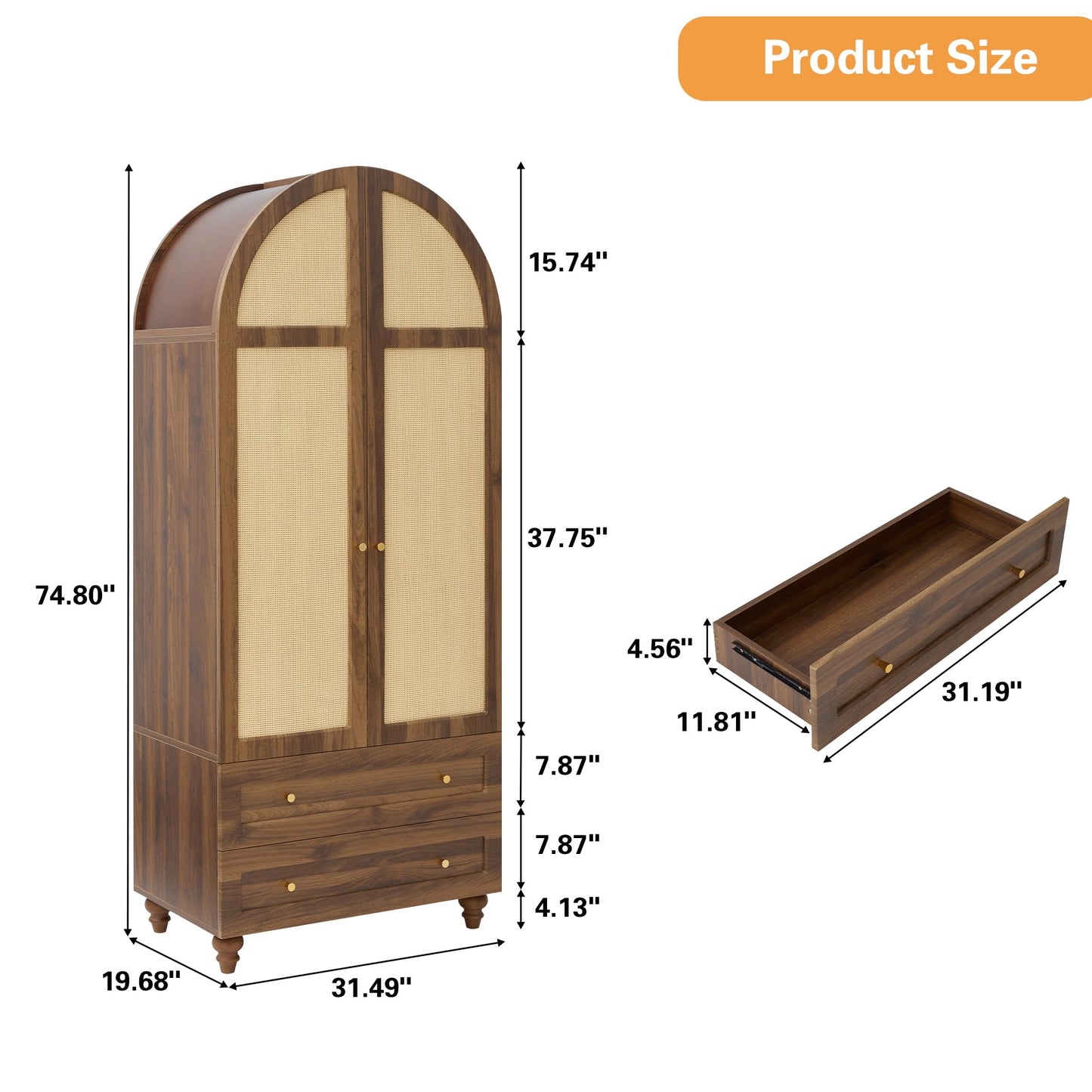YUCHIATH Arched Armoire Wardrobe Closet with 2 Rattan Doors, Wooden Wardrobe Closet with 2 Drawers, 74.8 "H Bedroom Armoires with Hanging Rod (Walnut1)
