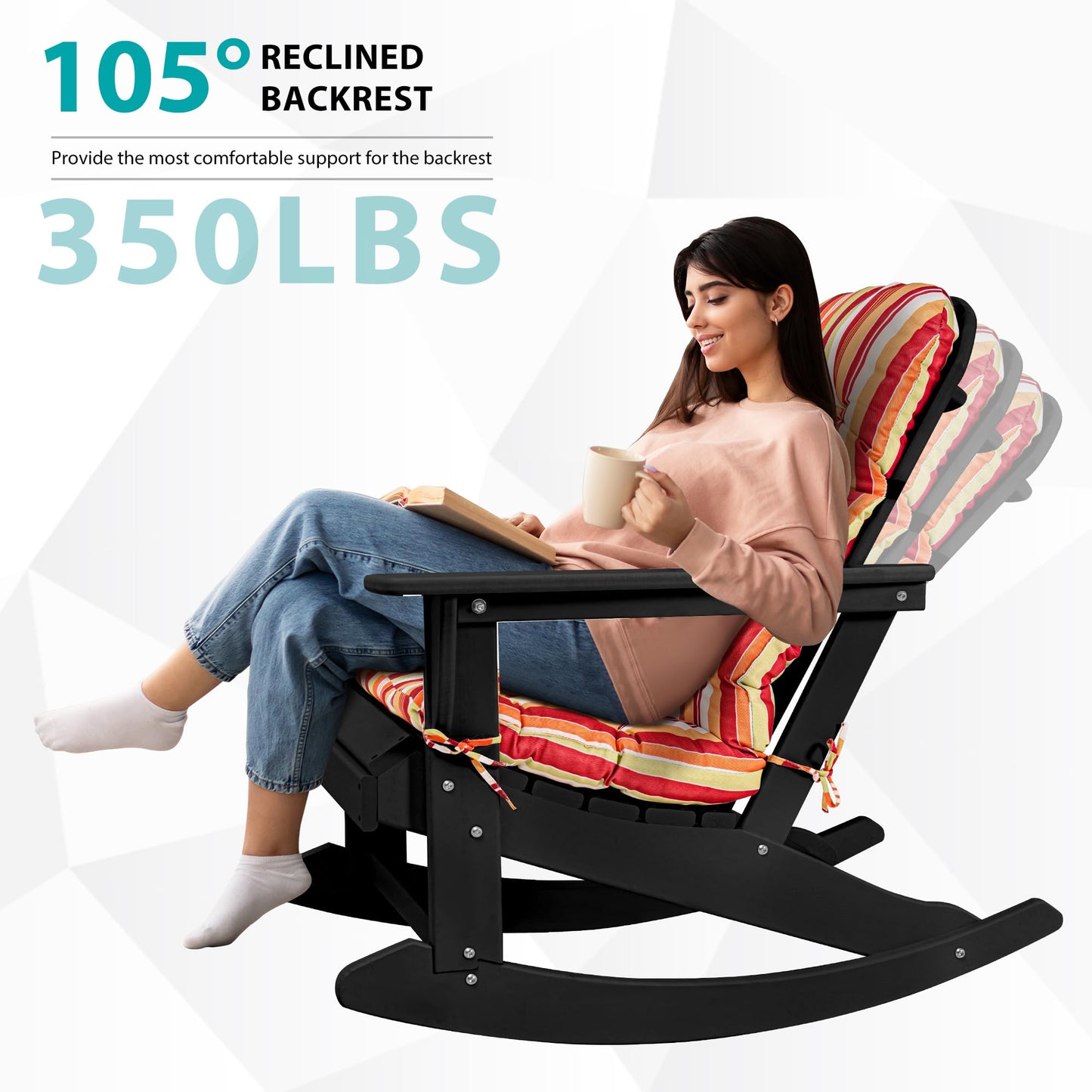 Sundale Outdoor Adirondack Rocking Chair with Cushion Set of 2, Patio Plastic All Weather HDPE Rocker for Proch, Water Resistant for Outside, Garden, Pool, Yard, Black