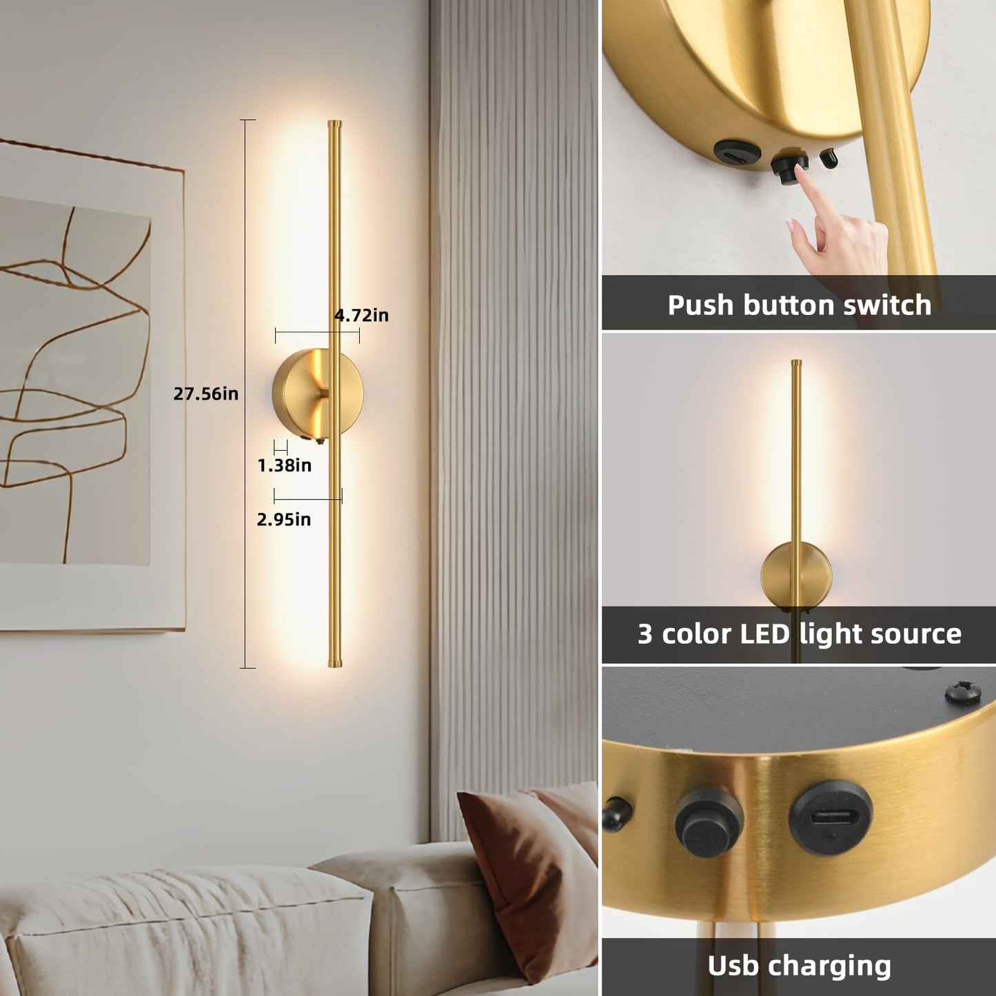 Povectolay Wall Sconces Battery Operated Set of Two, Gold LED Wireless Wall Sconce with Remote Control 350° Rotate, 27.6 Inch Dimmable USB Rechargeable Wall Lights for Living Room Bedroom Hallway