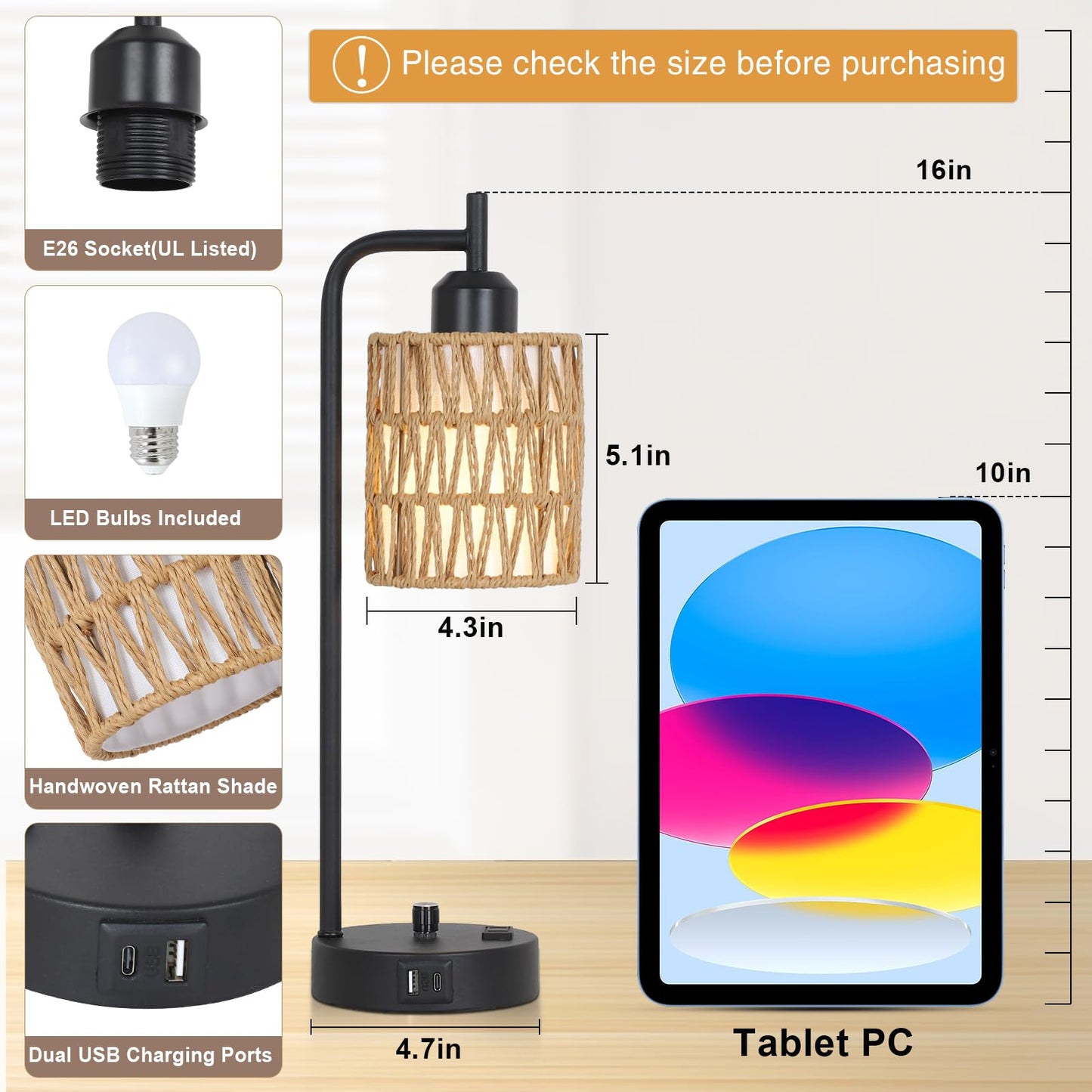 Stepeak Rattan Table Lamps for Living Room Set of 2, Boho Bedside Lamps with LED Bulbs, USB Charging Ports and Outlet, Farmhouse Nightstand Lamp with Woven Shade, Black Desk Lamp for Bedroom Office