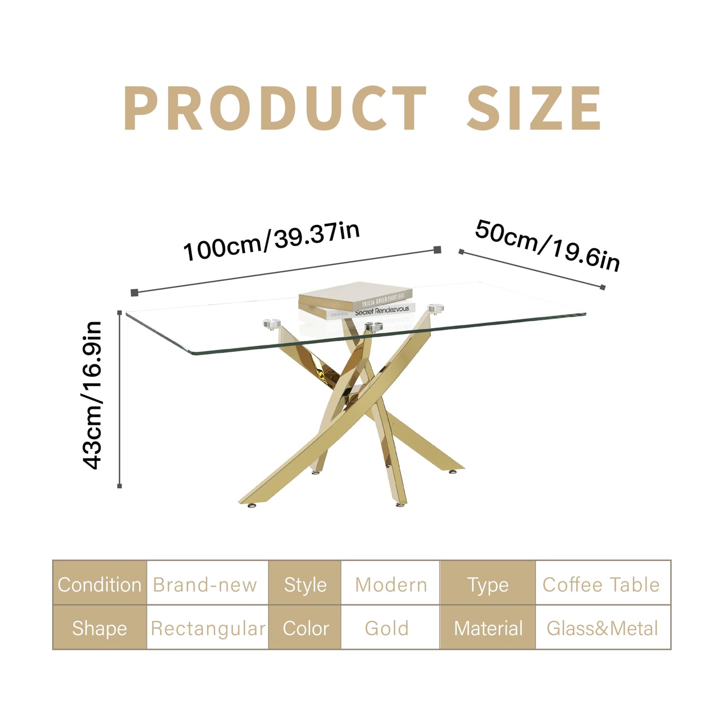 NIERN Tempered Glass Coffee Table with Chromed Legs, Rectangle Modern Living Room Table for Home Office Living Room (Gold, 40”x20”x17”)