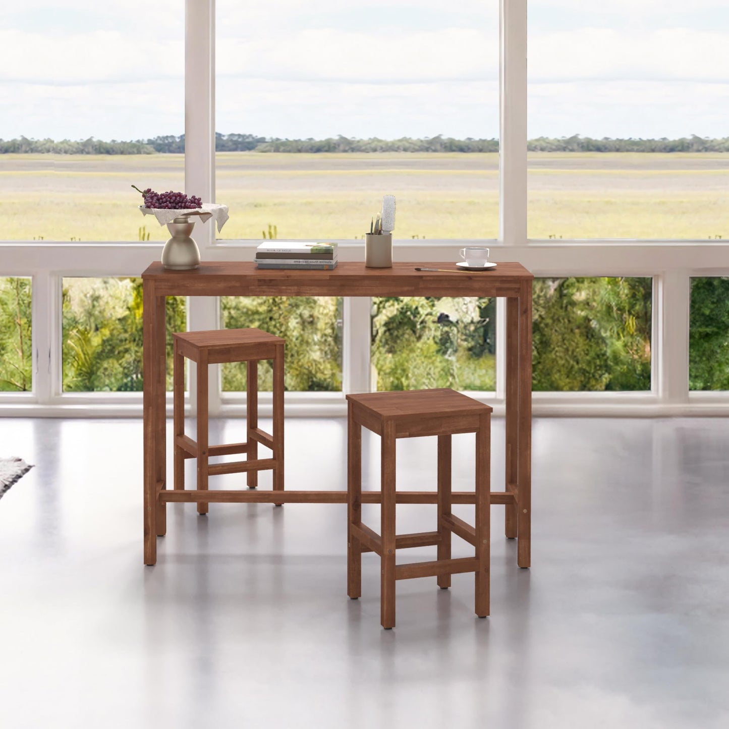 Cozyman Bar Table and Chairs Set, 53" Dining Table Set with 2 Stools, Kitchen Bar Height Table with Stools of 2, Space Saving for Living Room, Brown
