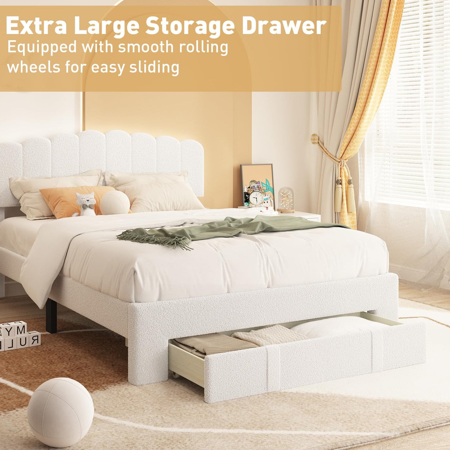 Bonzy Home Full Bed Frame with Storage Drawers and Adjustable Headboard, Modern Bed Frame with White Light, Wooden Slats Support, No Box Spring Needed, White