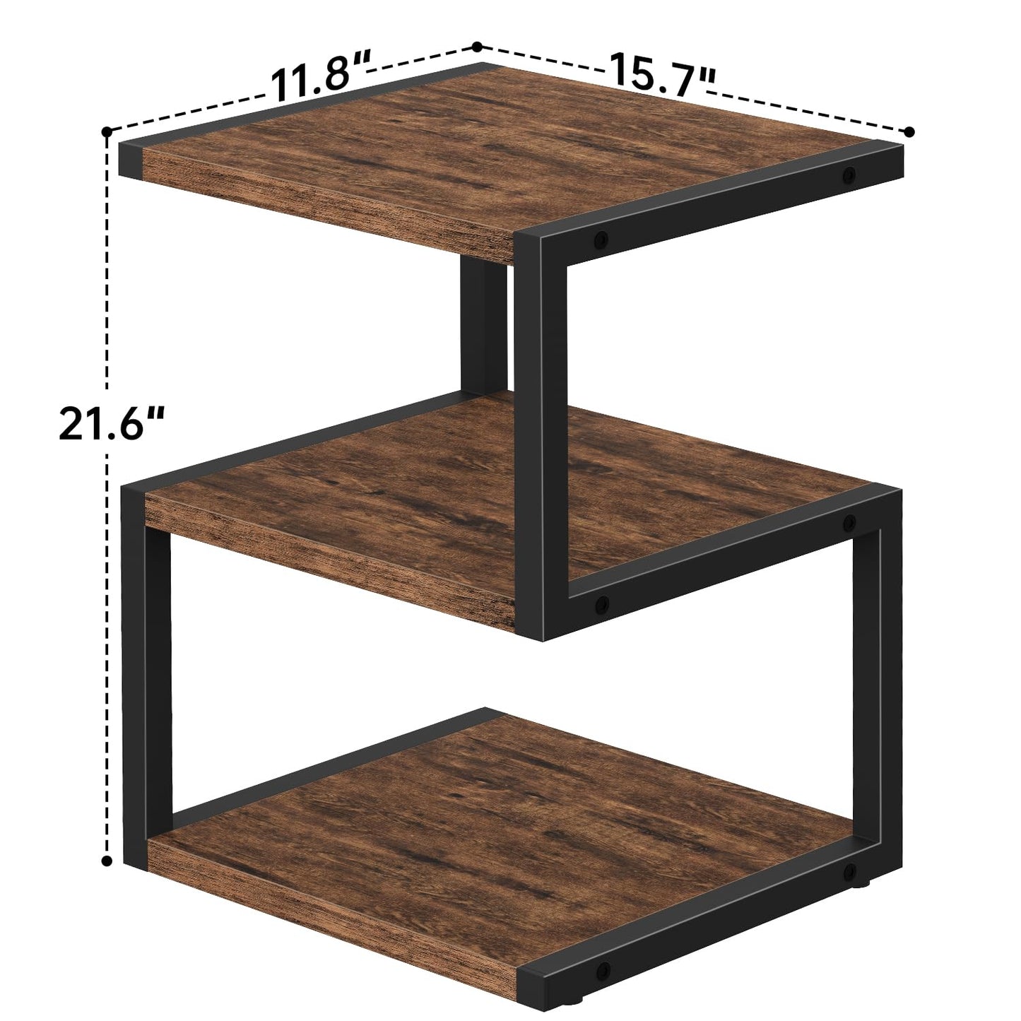 Asgolion Side Table with 3-Tier Storage, S-Shape Bedside End Table for Small Spaces, 21.6'' Small Nightstand for Living Room, Bedroom, Easy Assembly, Rustic Brown and Black
