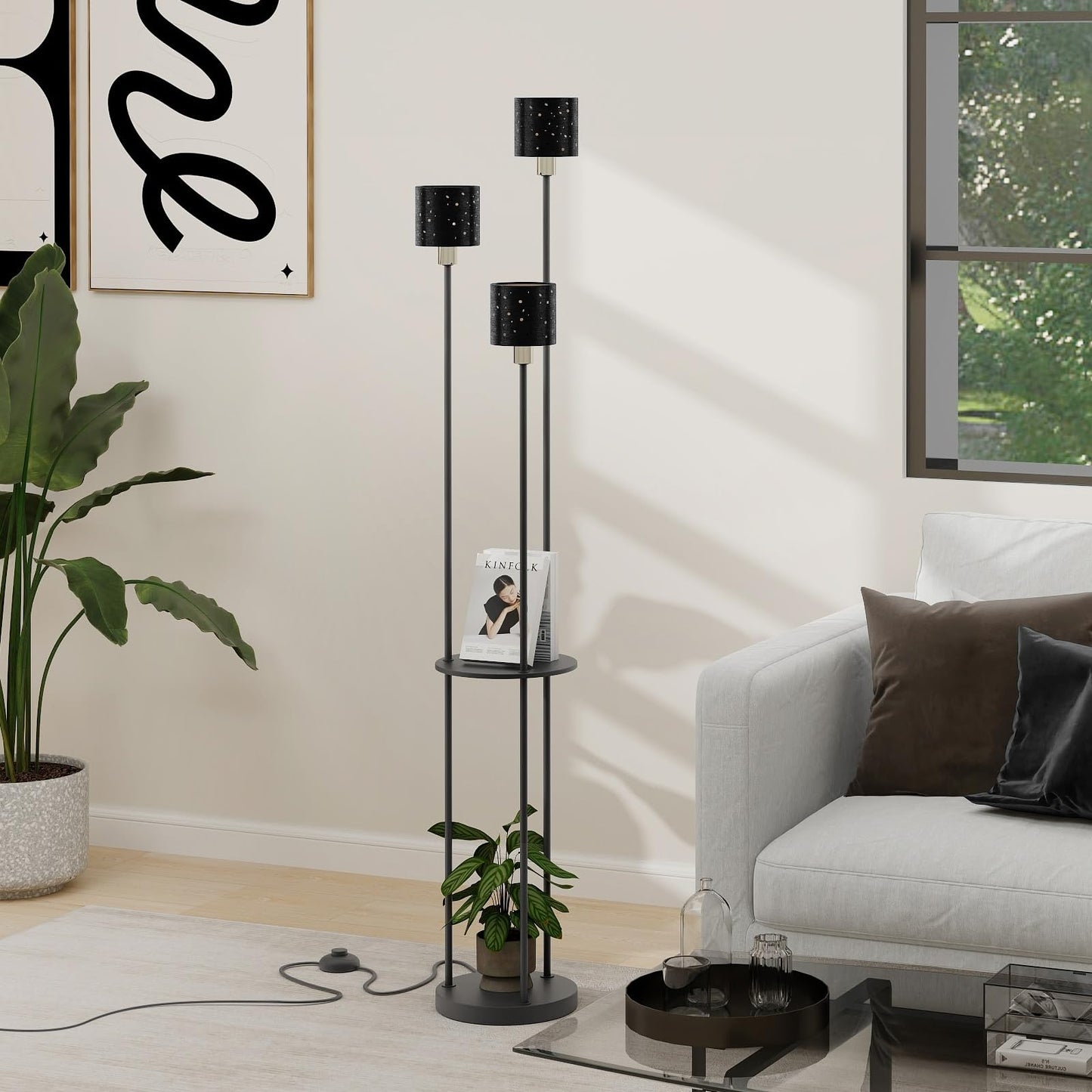 Modern Black Floor Lamp with 3 Lights Standing Shelves for Living Room and Bedroom Tall Standard