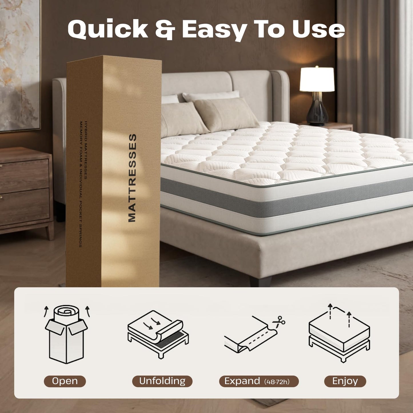 OUTIGO 12 Inch King Size Mattress - Memory Foam Hybrid Mattress Individual Pocket Springs - Medium Firm - CertiPUR-US - 76 x 80 x 12 inches
