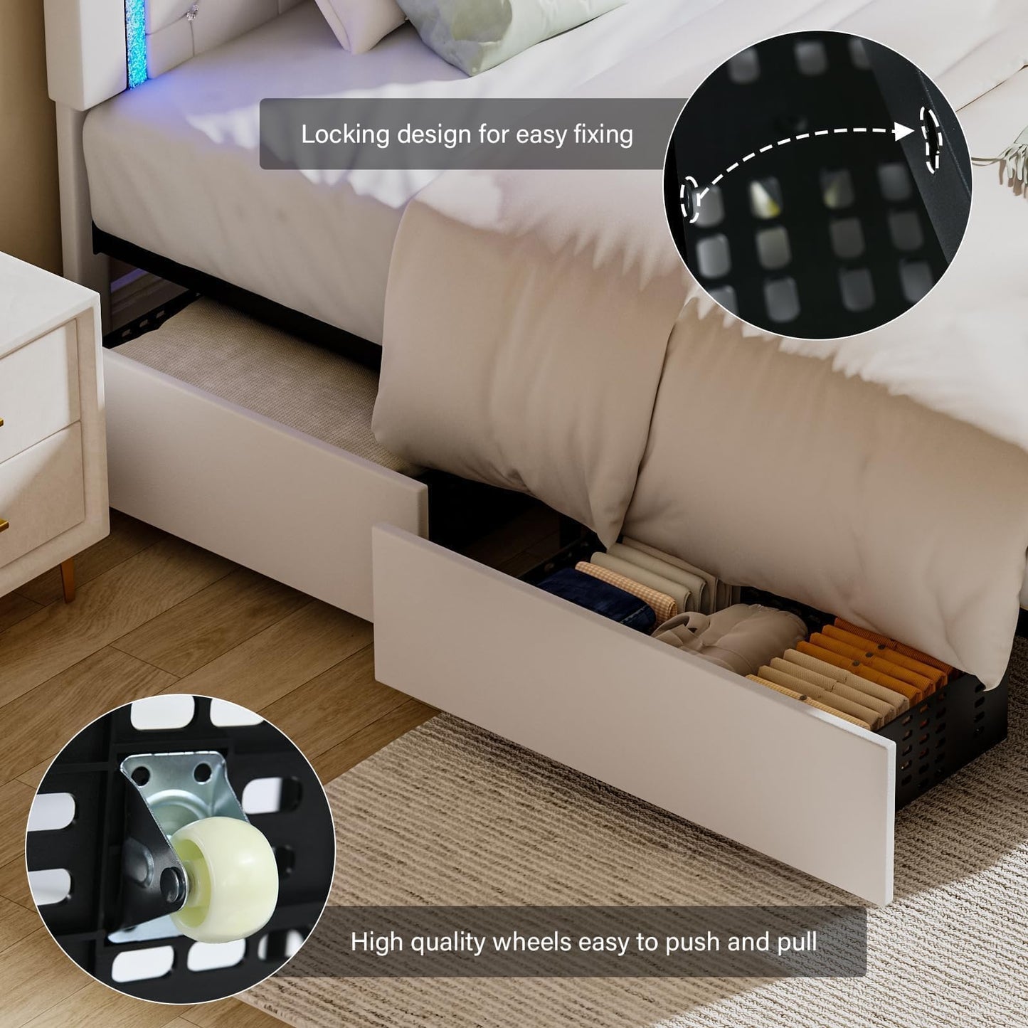 King Size Bed Frame with LED Lights and Storage Drawers, Upholstered Platform Bed with Diamond Tufted Headboard, Wooden Slats Support, No Box Spring Needed, Easy Assembly, White