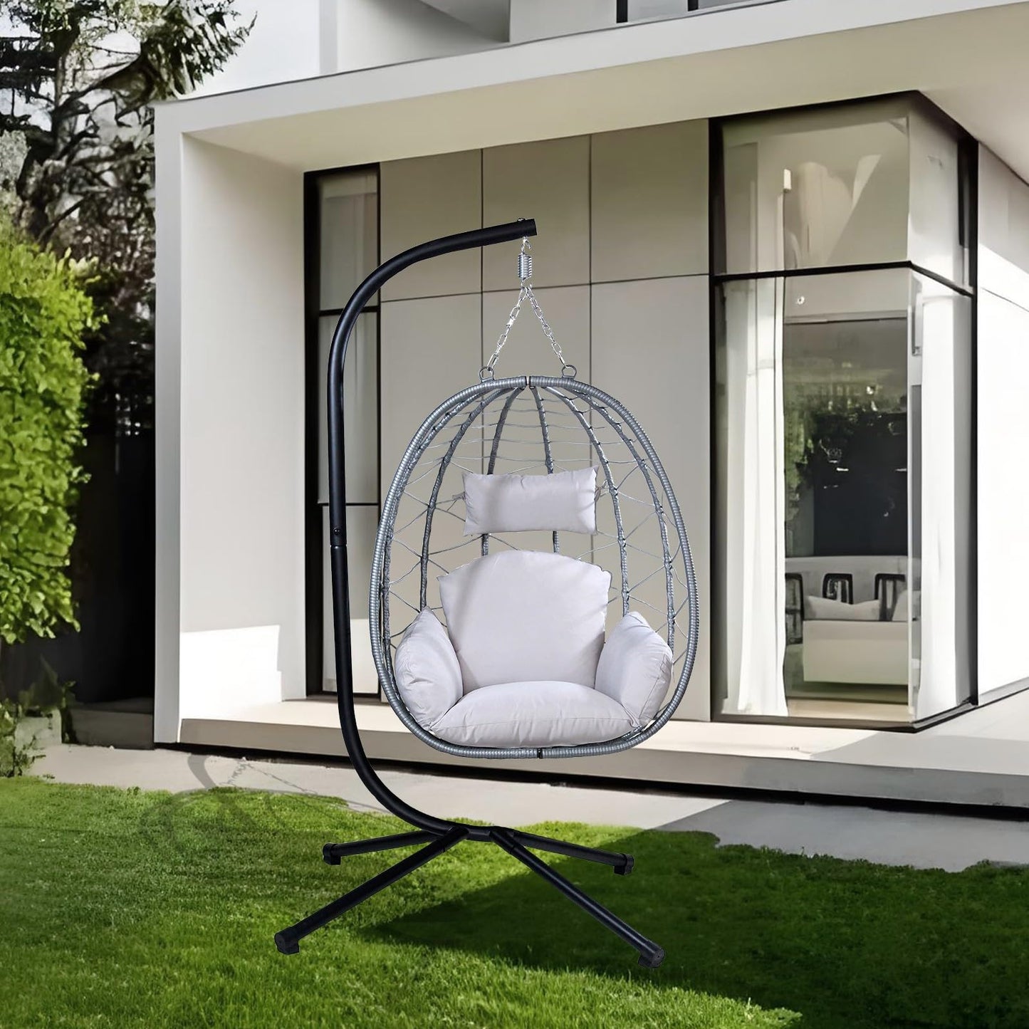 Egg Chair with Stand, Patio Wicker Hanging Swing Egg Chair Thickened, Galvanized Pipe Steel Frame and UV Resistant Cushion for Bedroom Garden Indoor Outdoor, 350LBS Capacity (Silver Gray)