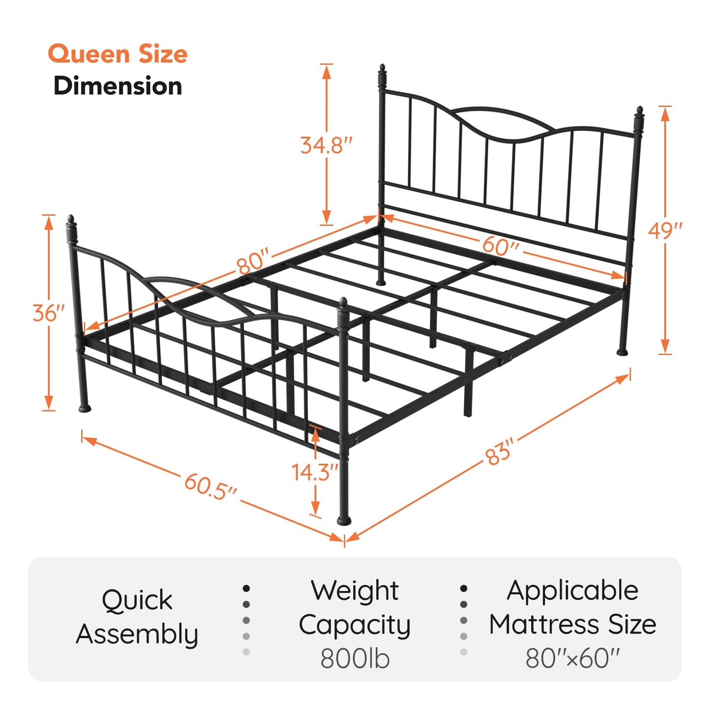 Florise Queen Size Bed Frame with Headboard,14 Inch Tall Metal Platform Bed Frame Mattress Foundation with Footboard, Under Bed Storage, Strong Metal Slats Support, No Box Spring Needed, Black