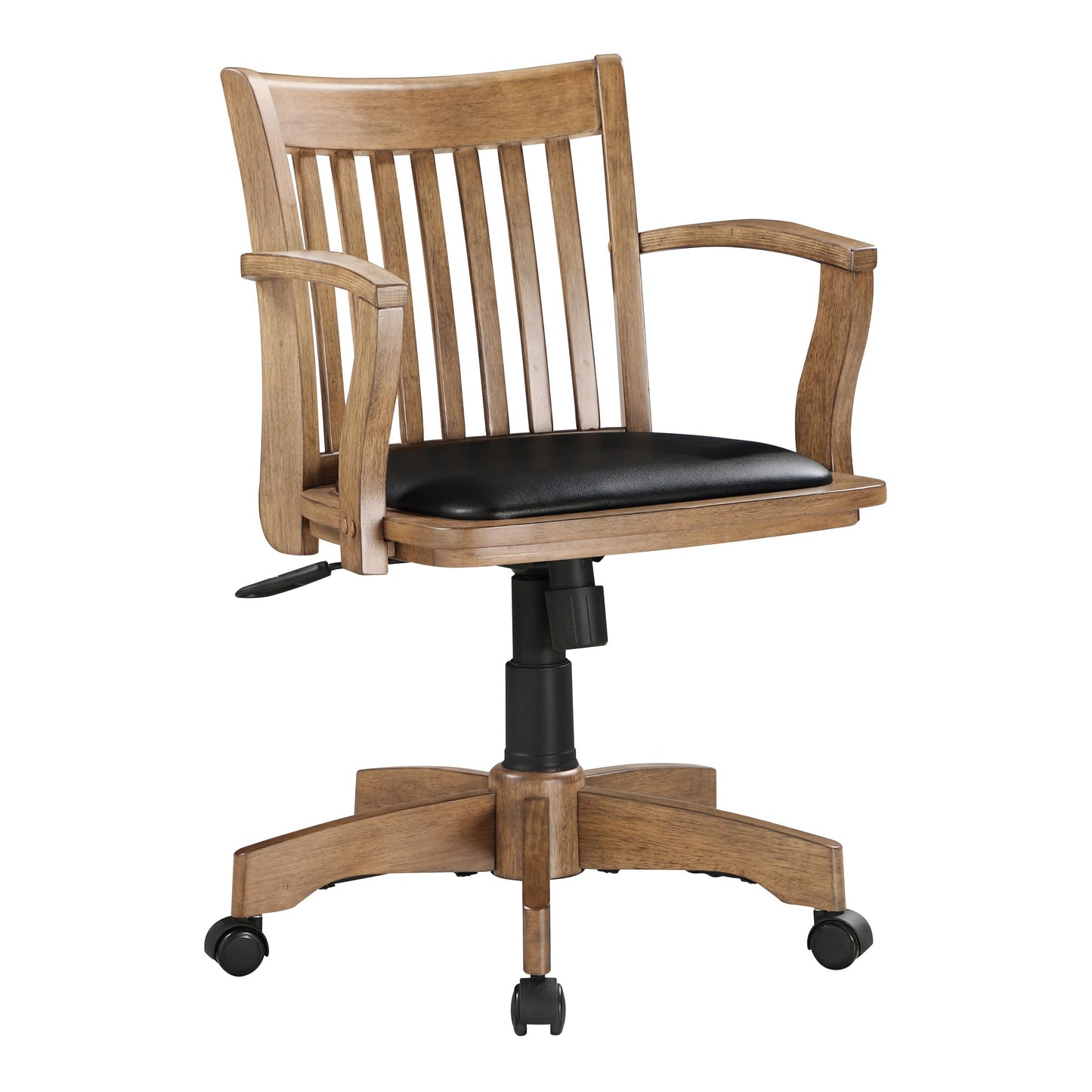 OSP Home Furnishings Deluxe Wood Banker's Desk Chair with Padded Seat, Adjustable Height and Locking Tilt, Fruitwood Finish and Black Vinyl