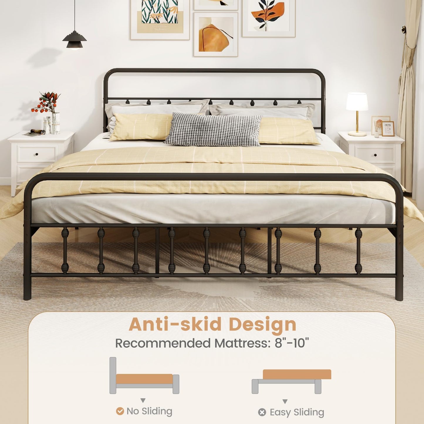 KOMFOTT King Size Metal Bed Frame with Headboard & Footboard, Victorian Style Metal Platform Bed Frame with Under Bed Storage, Noise-Free Mattress Foundation No Box Spring Needed, Black
