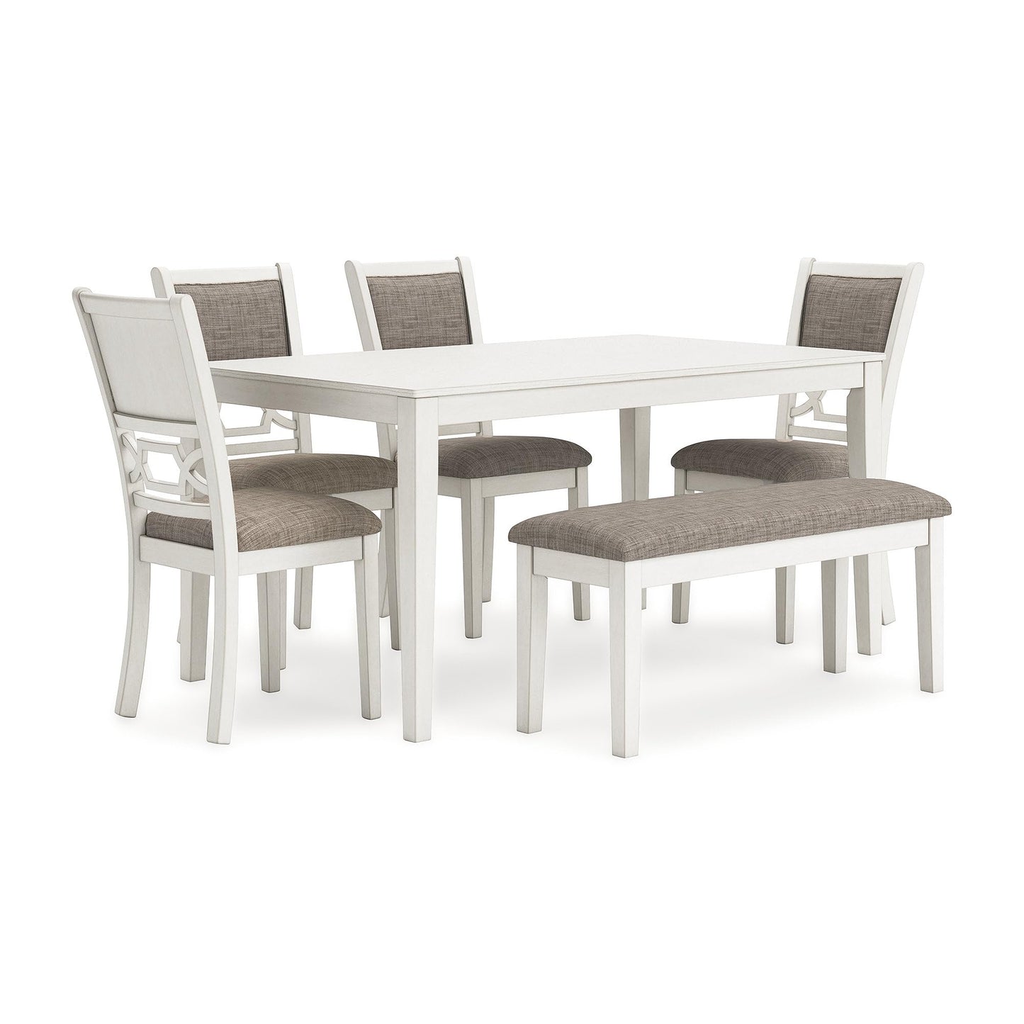 Signature Design by Ashley Erinberg Casual Dining Table with 4 Armless Upholstered Chairs and Bench, Set of 6, White & Light Gray