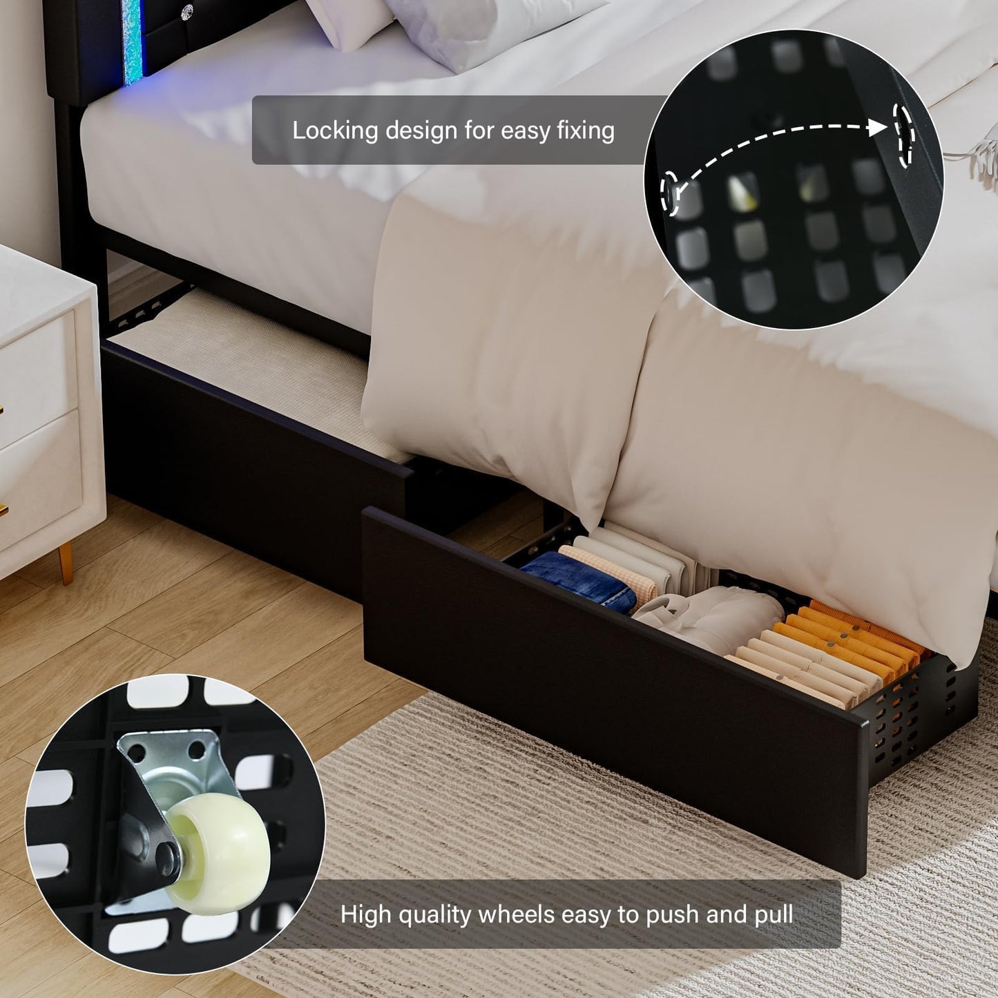 King Size Bed Frame with LED Lights and Storage Drawers, Upholstered Platform Bed with Crystal Tufted Headboard, Wooden Slats Support, No Box Spring Needed, Easy Assembly, Black