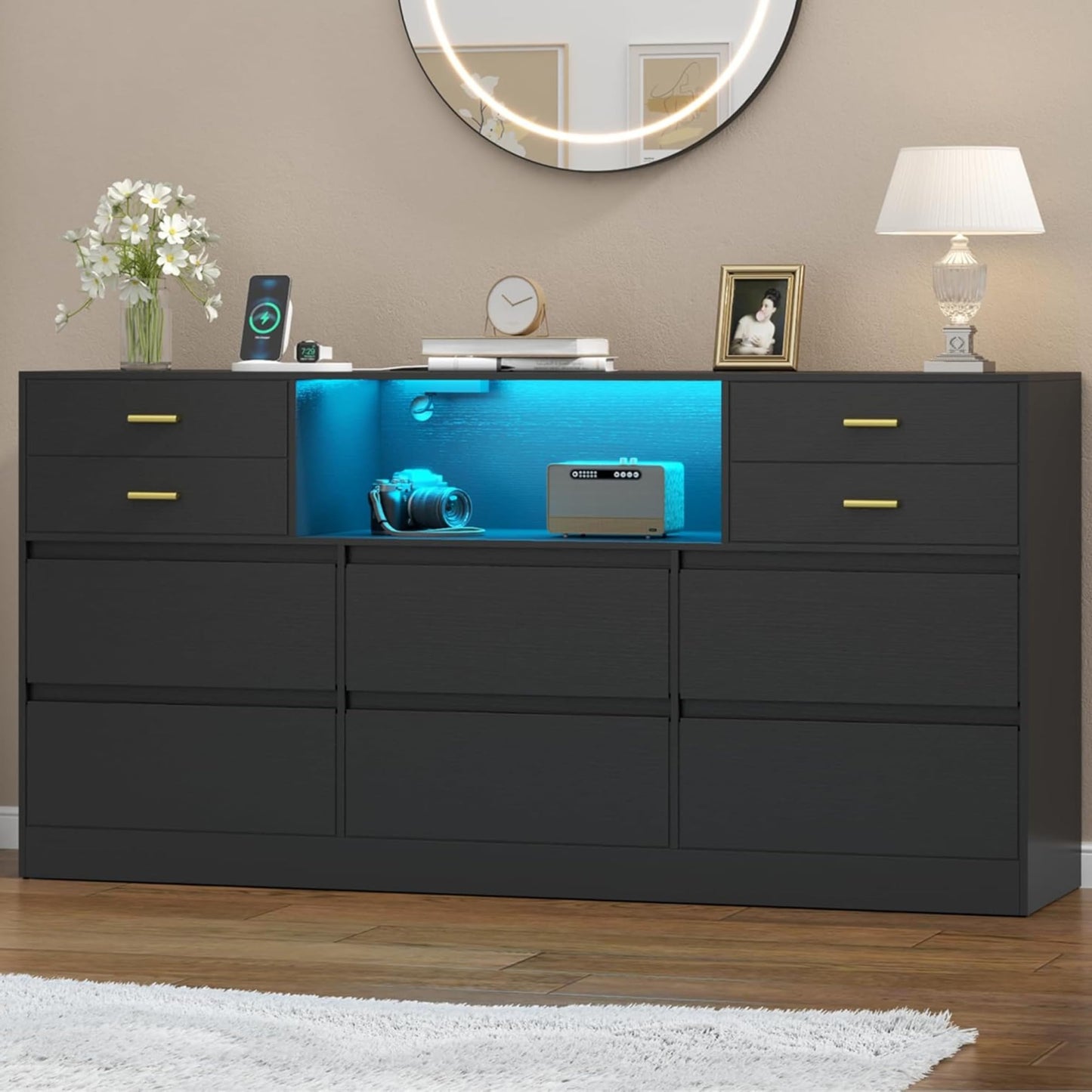 Loomie 10 Drawer Black Dresser with Charging Station & Led Lights for Bedroom, Long 58" Triple Wide Dresser TV Stand for TVs up to 65", Wide Chest of Drawer, Large Dressers Organizer with Open Cubby