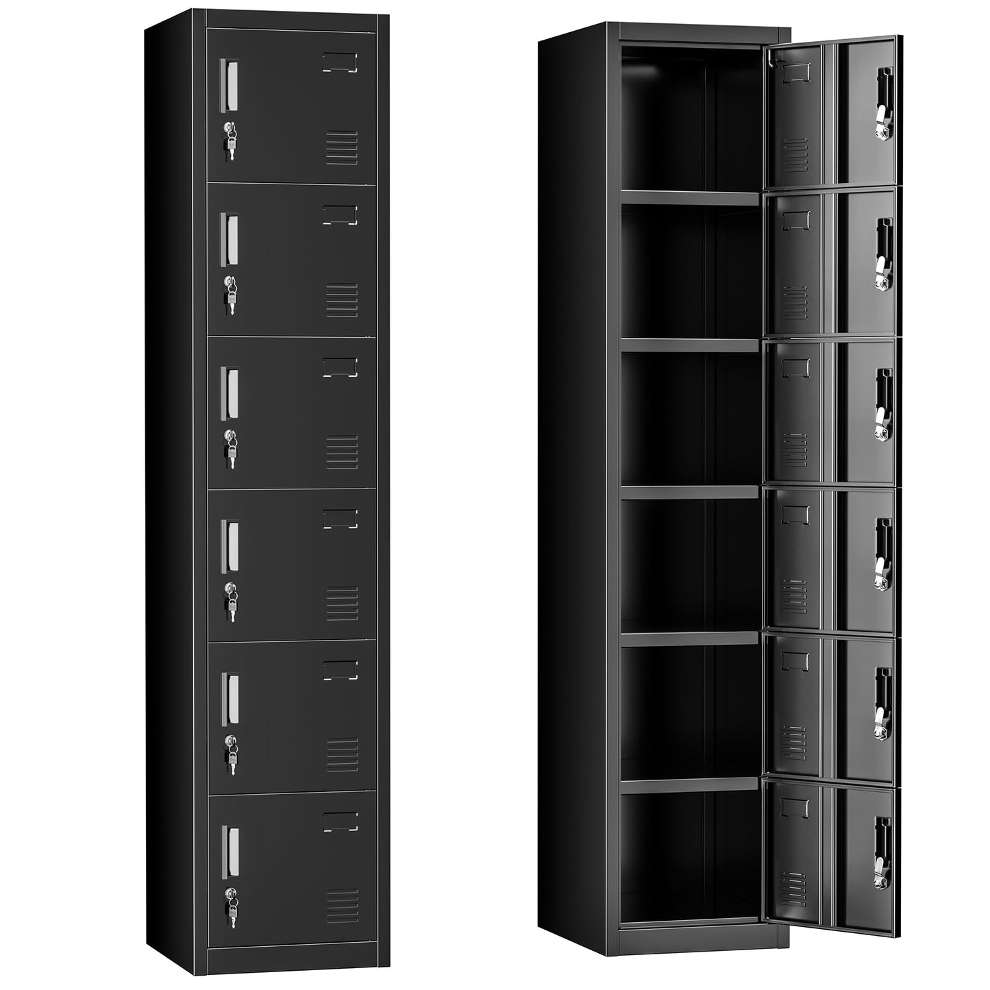 Greenvelly 72" Locker, Metal Lockers for Employees with 6 Doors and Keys, 6-Tiers Black Lockable Steel Storage Locker for Gym,School,Office,Sports,Card Slots,Vents